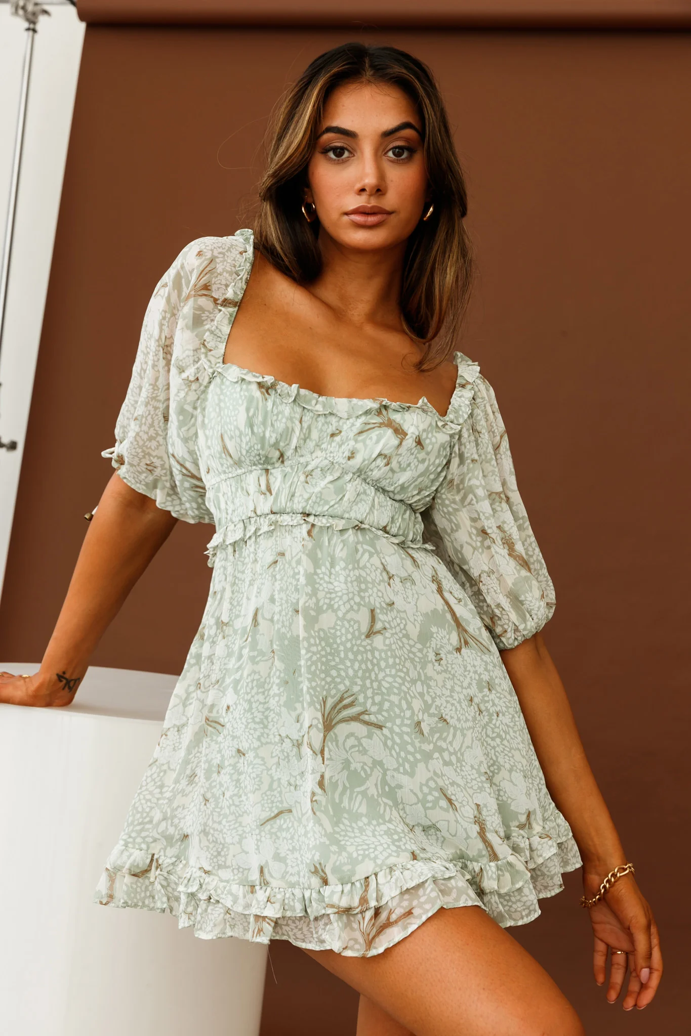 Kirra Puff Sleeve Ruched Bodice Dress Botanic Print Sage - Image 7