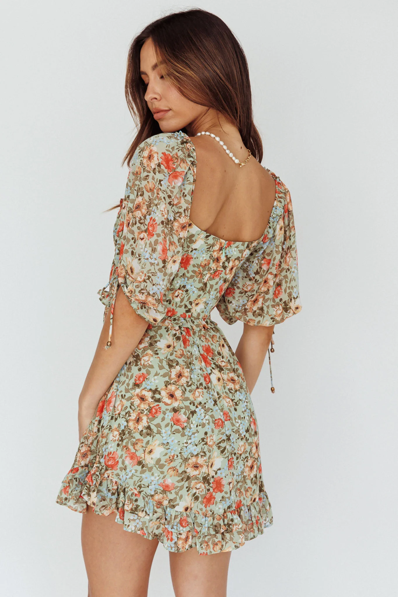 Kirra Puff Sleeve Ruched Bodice Dress Floral Green - Image 2