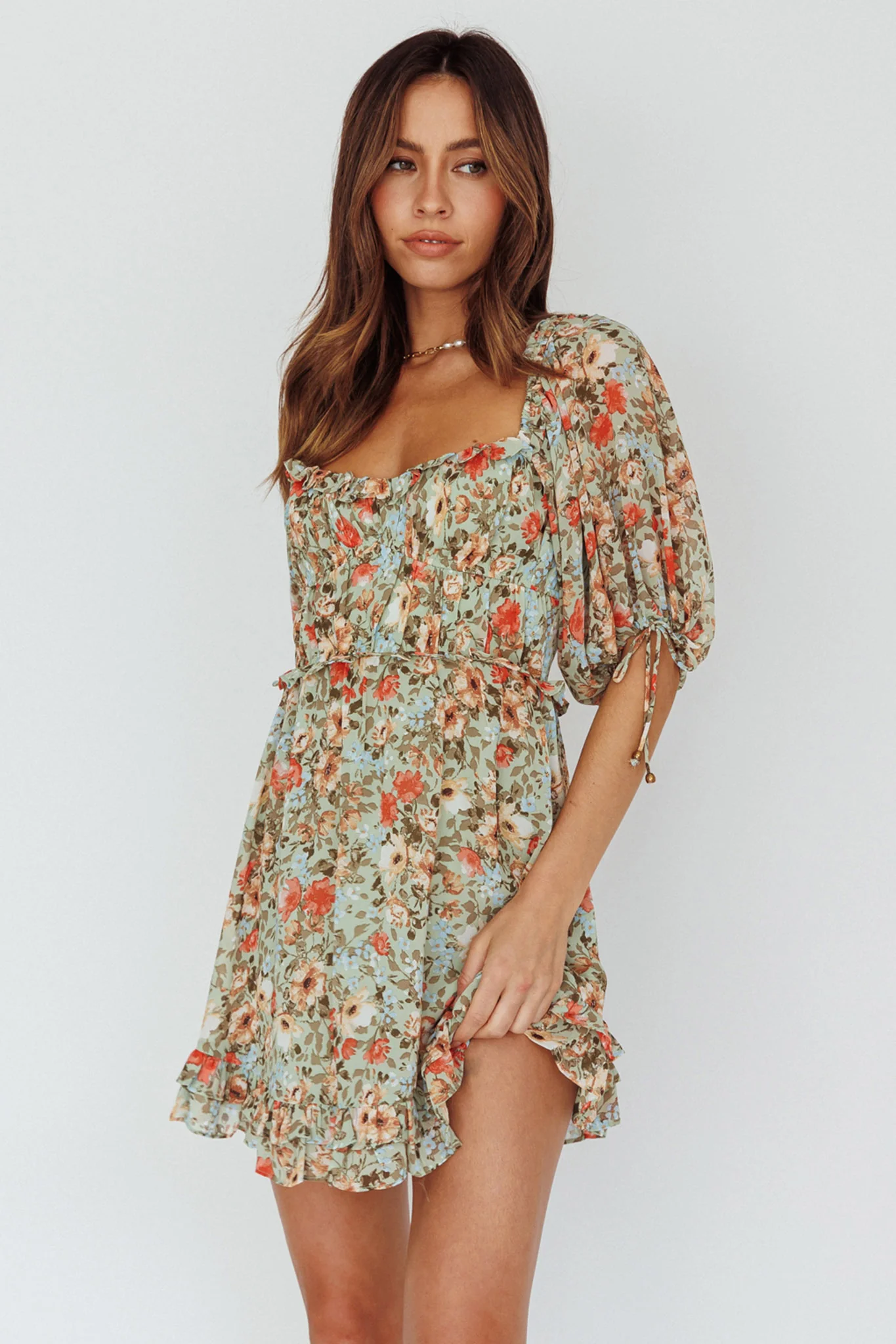 Kirra Puff Sleeve Ruched Bodice Dress Floral Green - Image 5