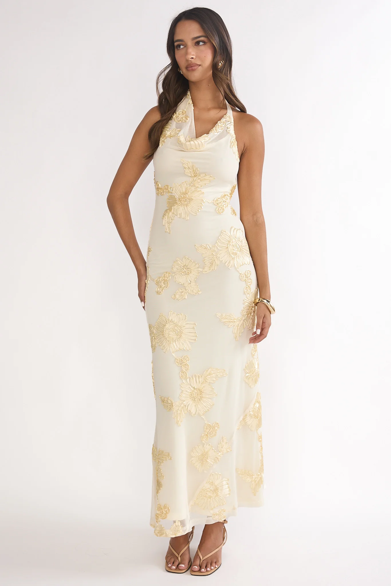 Kirralee Asymmetric Halterneck Embellished Maxi Dress Yellow - Image 5