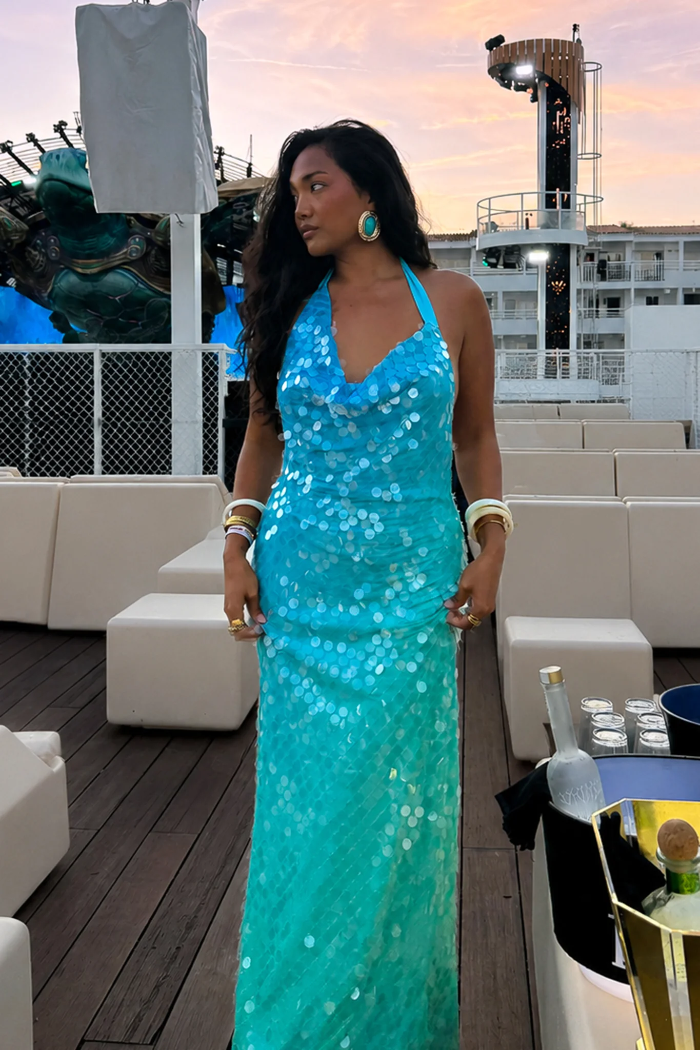 Kirralee Asymmetric Halterneck Sequin Maxi Dress Blue Multi - Image 2