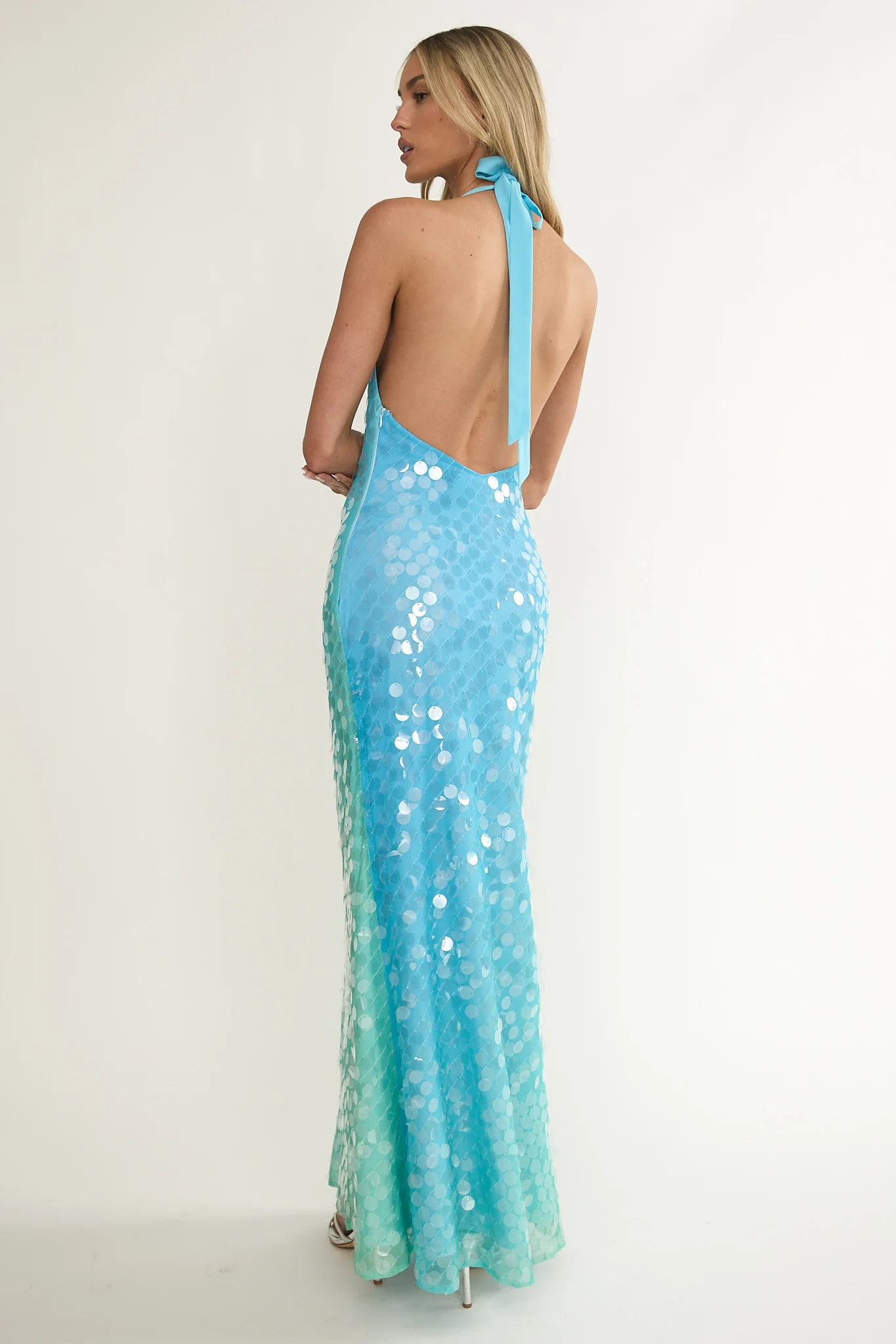 Kirralee Asymmetric Halterneck Sequin Maxi Dress Blue Multi - Image 3