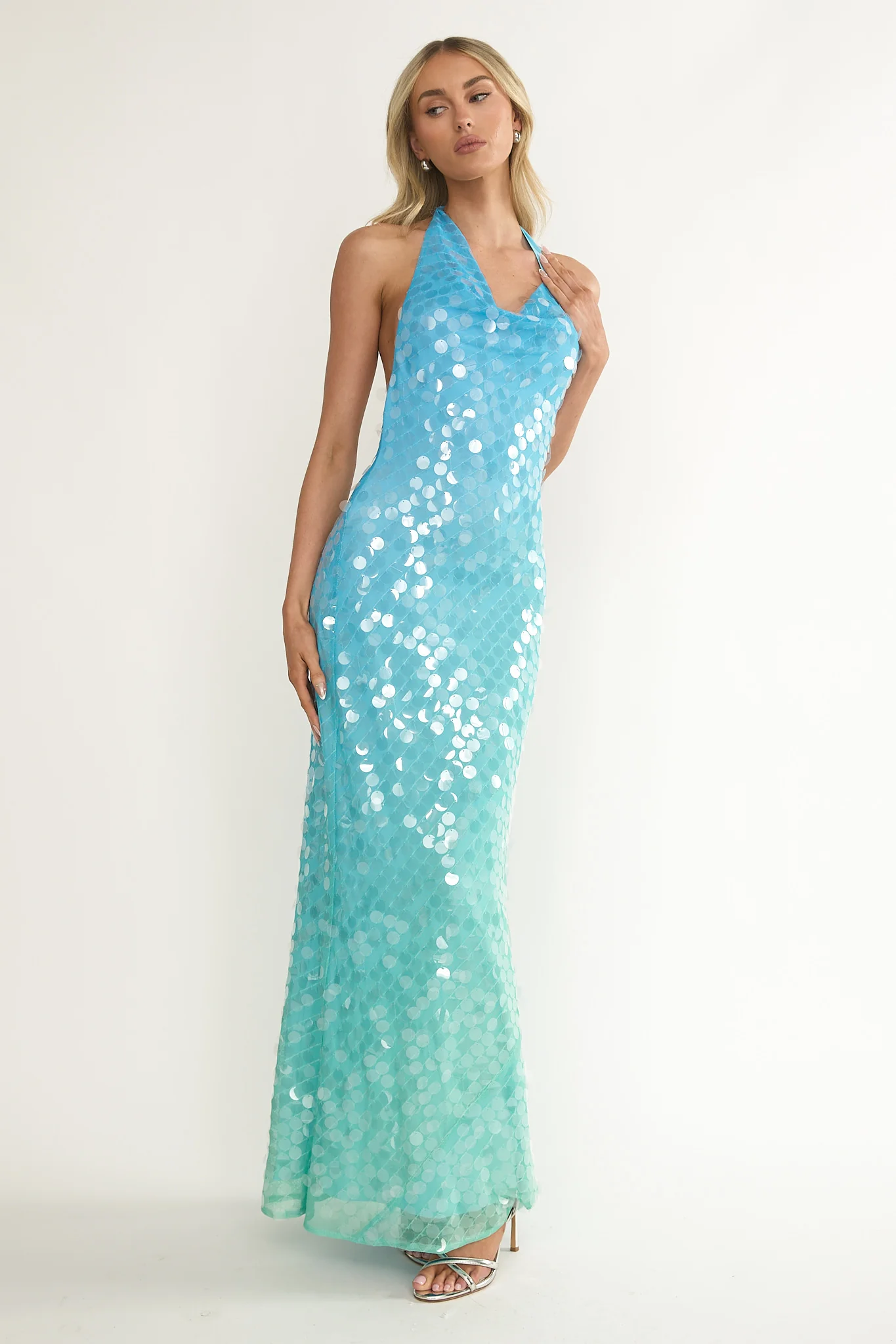 Kirralee Asymmetric Halterneck Sequin Maxi Dress Blue Multi - Image 5