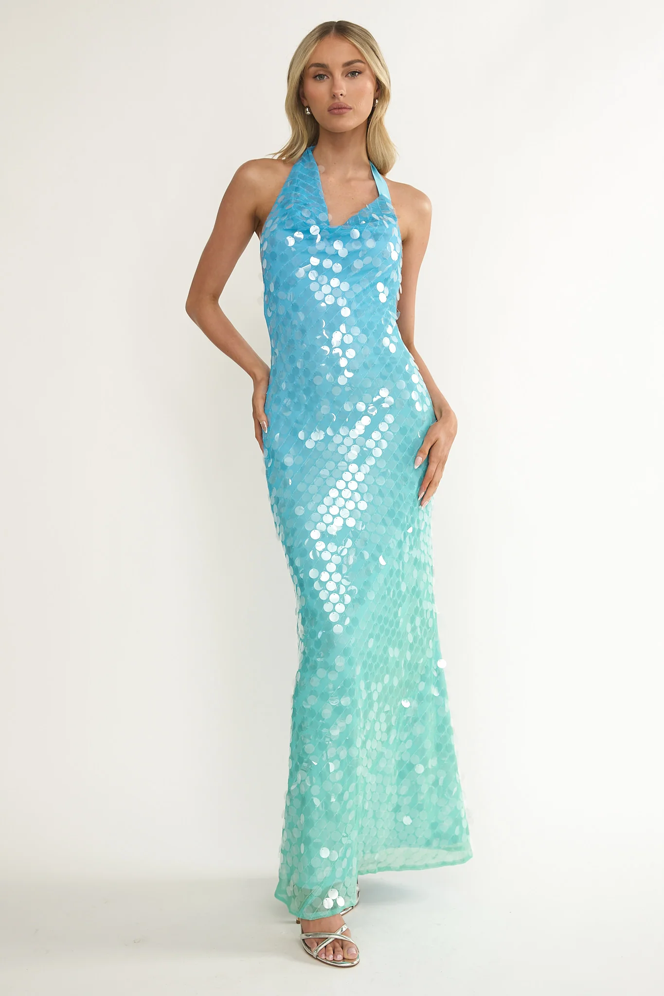 Kirralee Asymmetric Halterneck Sequin Maxi Dress Blue Multi - Image 6