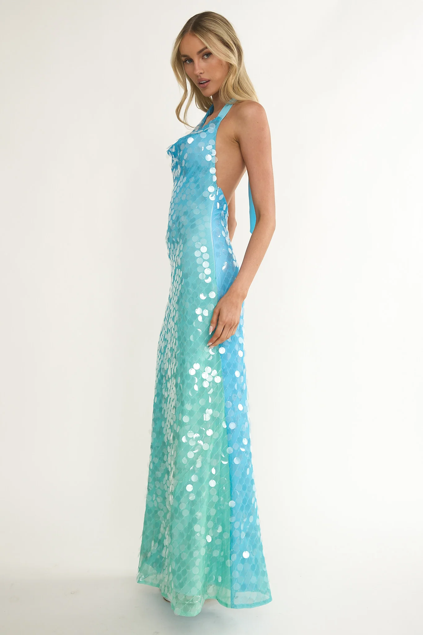 Kirralee Asymmetric Halterneck Sequin Maxi Dress Blue Multi - Image 7