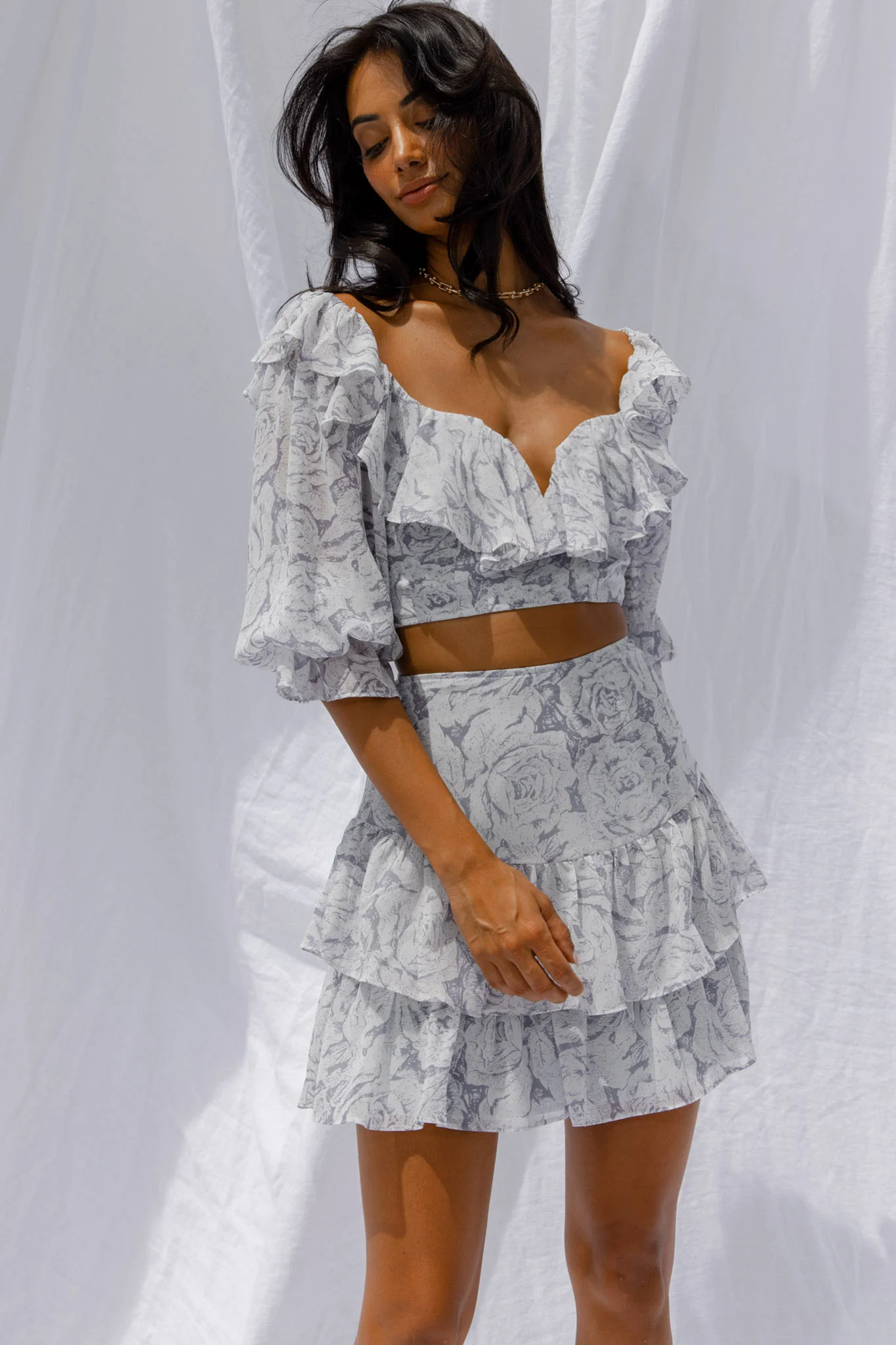 Kiss And Tell Ruffle Trim Balloon Sleeve Crop Top Rose Print Ink - Image 4