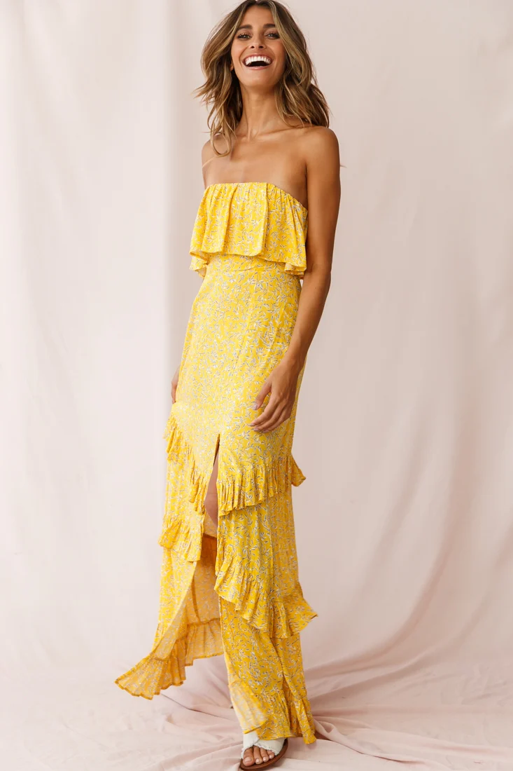 Kiya Layered Bandeau Maxi Dress Leaf Print Mustard - Image 5