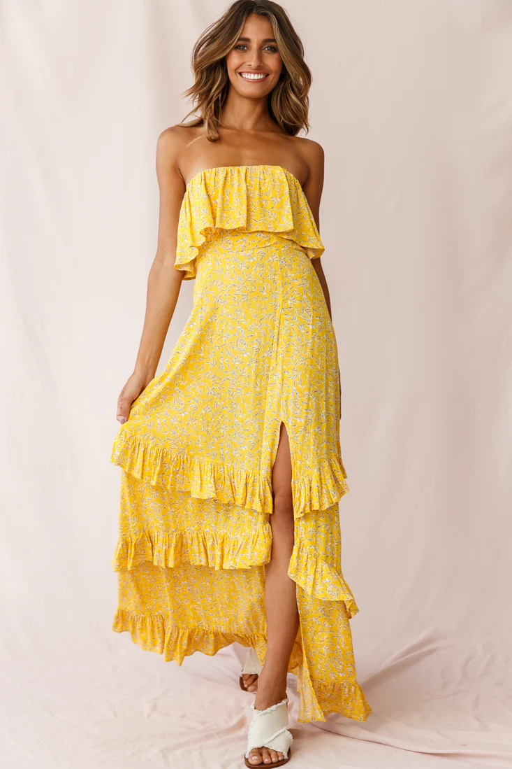 Kiya Layered Bandeau Maxi Dress Leaf Print Mustard - Image 6