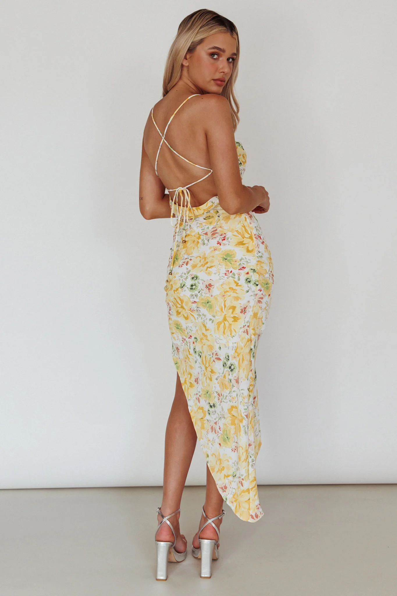 Klara Thigh Split Midi Dress Floral Yellow - Image 2