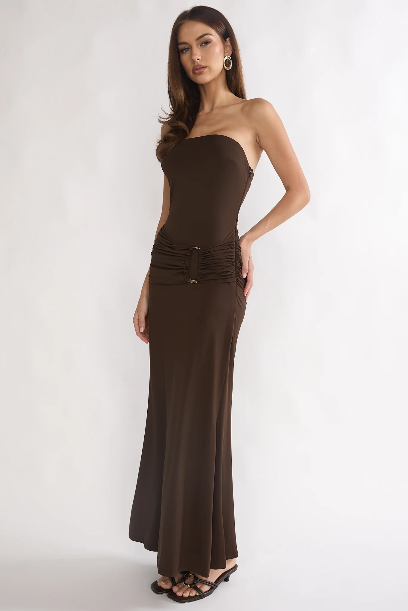 Klaudia Strapless Ruched Waist Maxi Dress Chocolate - Image 6