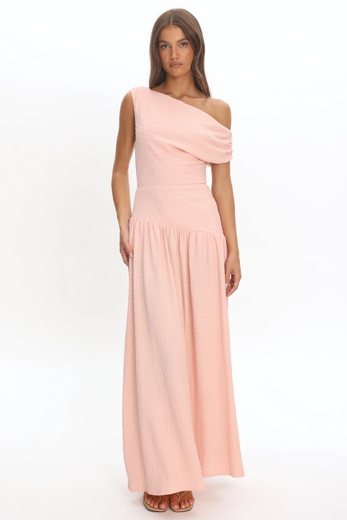 Kloe Asymmetric Shoulder Textured Maxi Dress Peach - Image 5