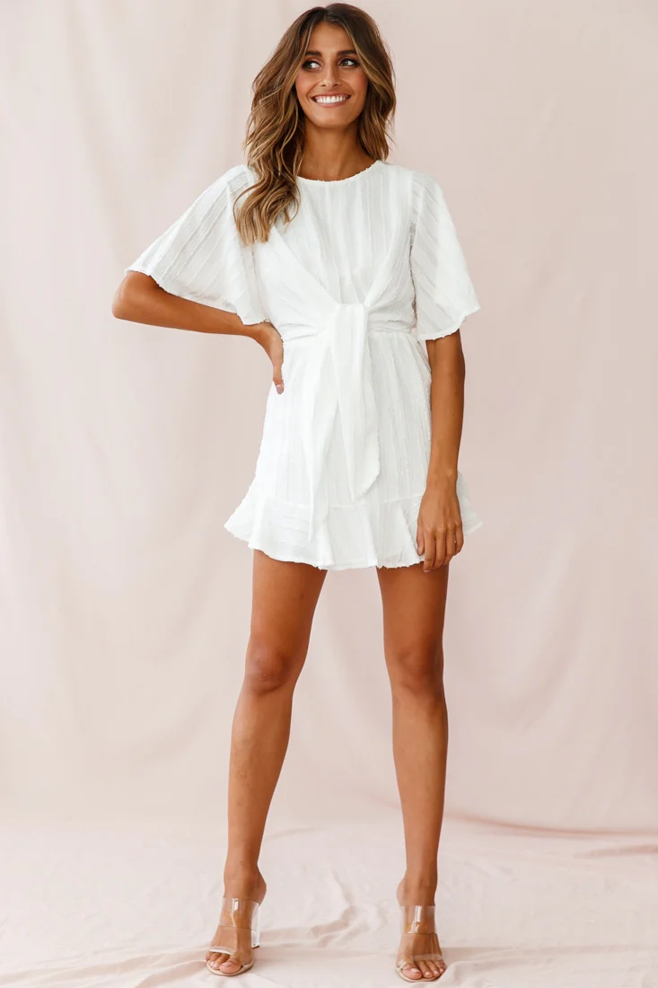 Knowing Tie-Front Frill Hem Dress White - Image 2