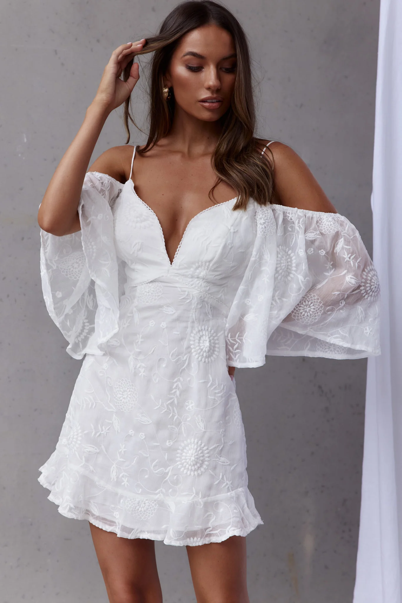 Koda Bell Sleeve Lace-Up Back Mini Dress White - Image 4