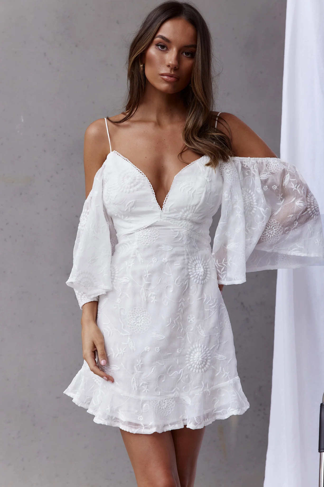 Koda Bell Sleeve Lace-Up Back Mini Dress White - Image 5