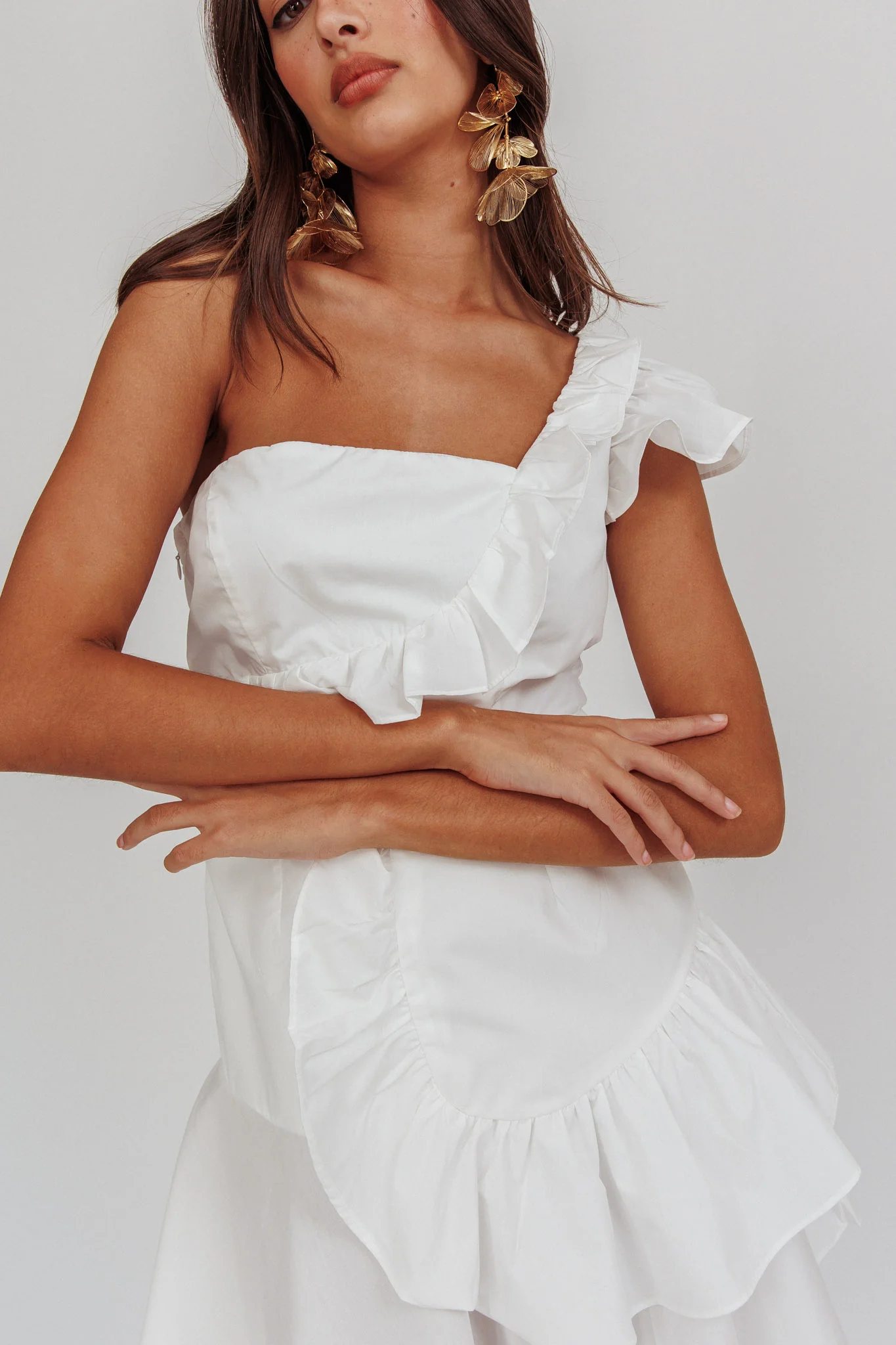 Koko One-Shoulder Ruffle Mini Dress White - Image 2