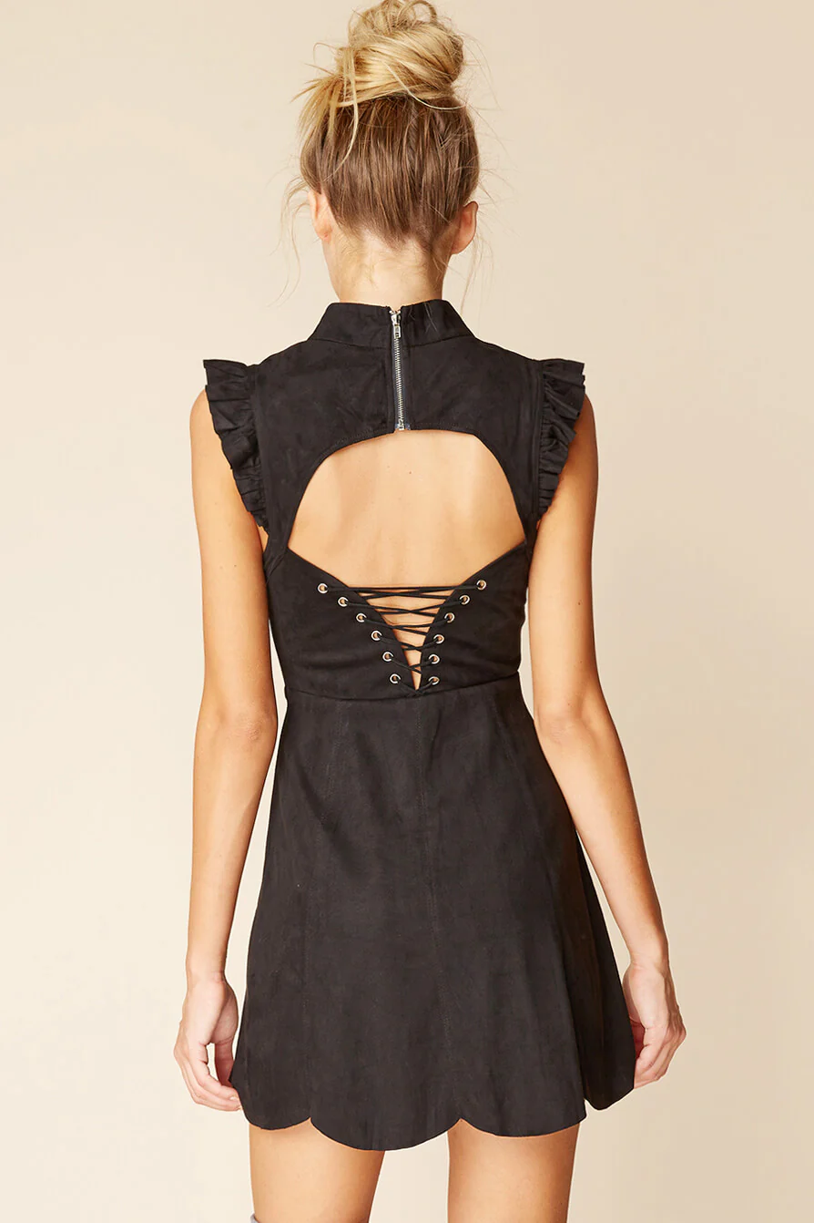 Kylie Ruffled Sleeve Suede Dress Black - Image 4