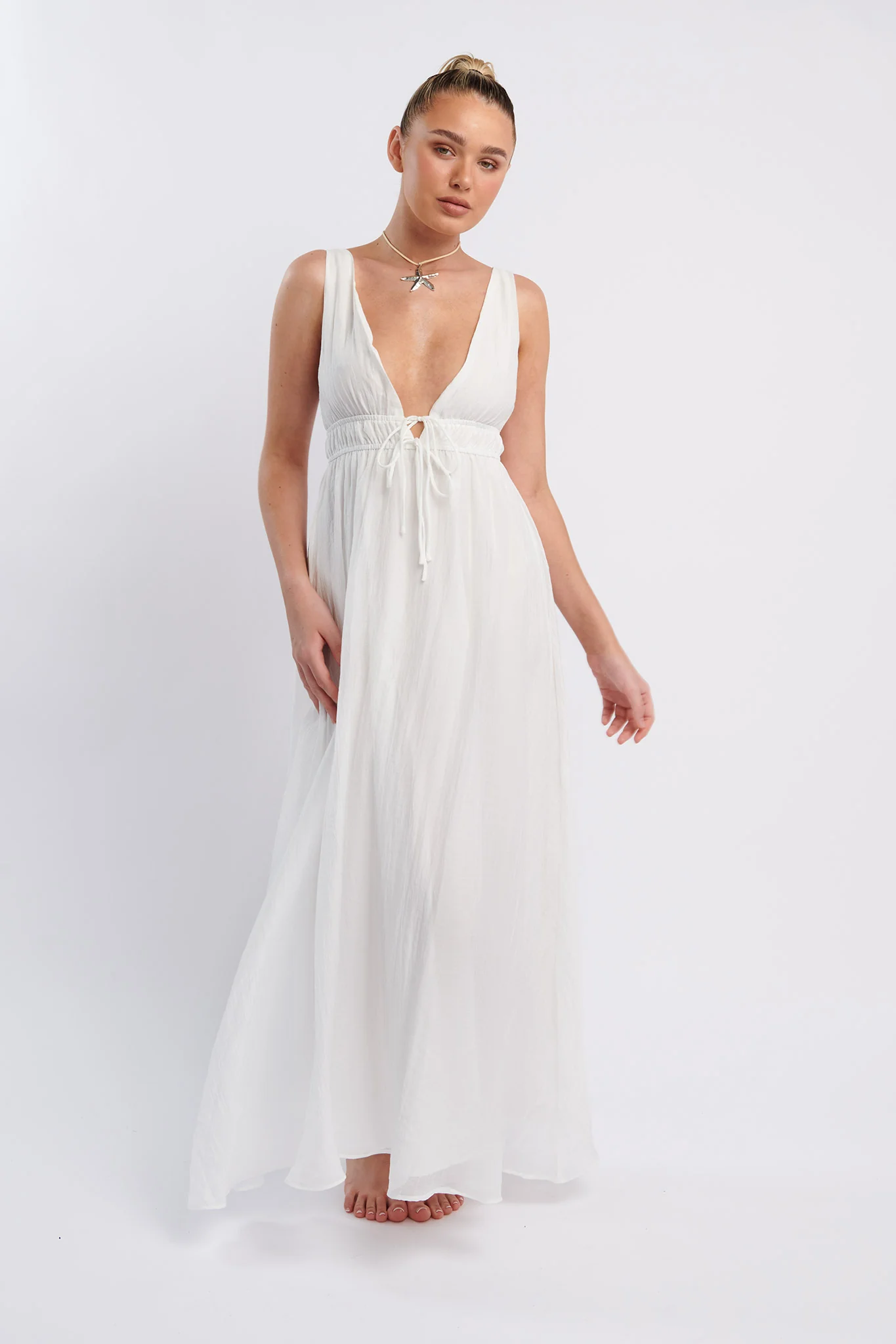 Kylin V-Neck Tied Bust Maxi Dress White - Image 3