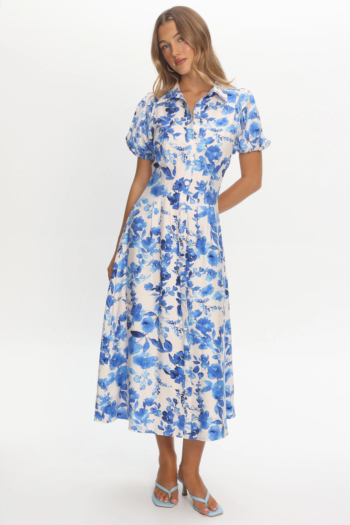 Kyrah Puff Sleeve Midi Dress Floral White - Image 2