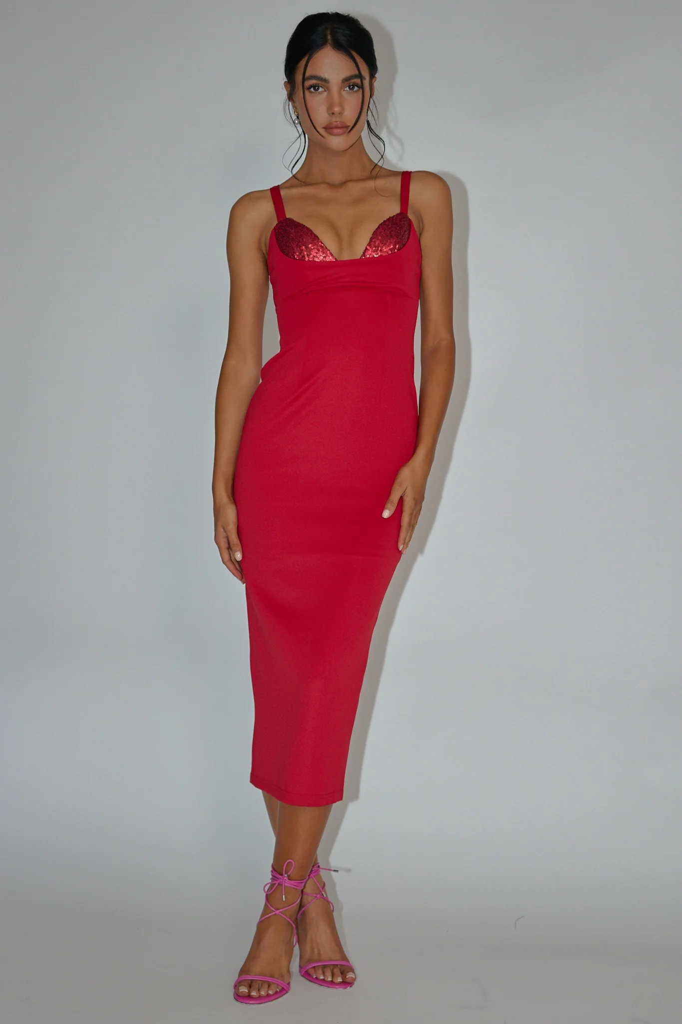La Bellevilloise Sequin Bust Midi Dress Red - Image 3
