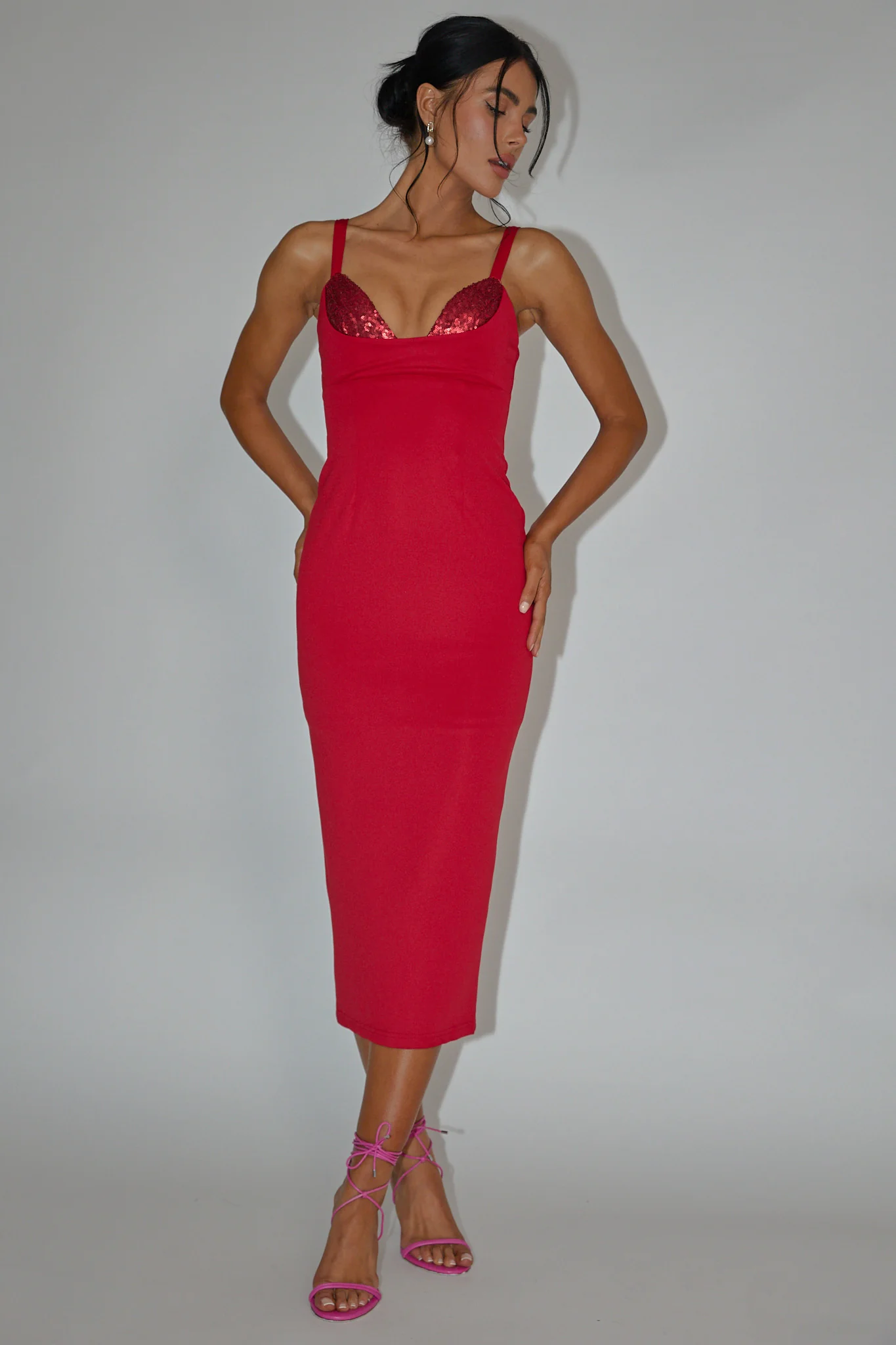 La Bellevilloise Sequin Bust Midi Dress Red - Image 5