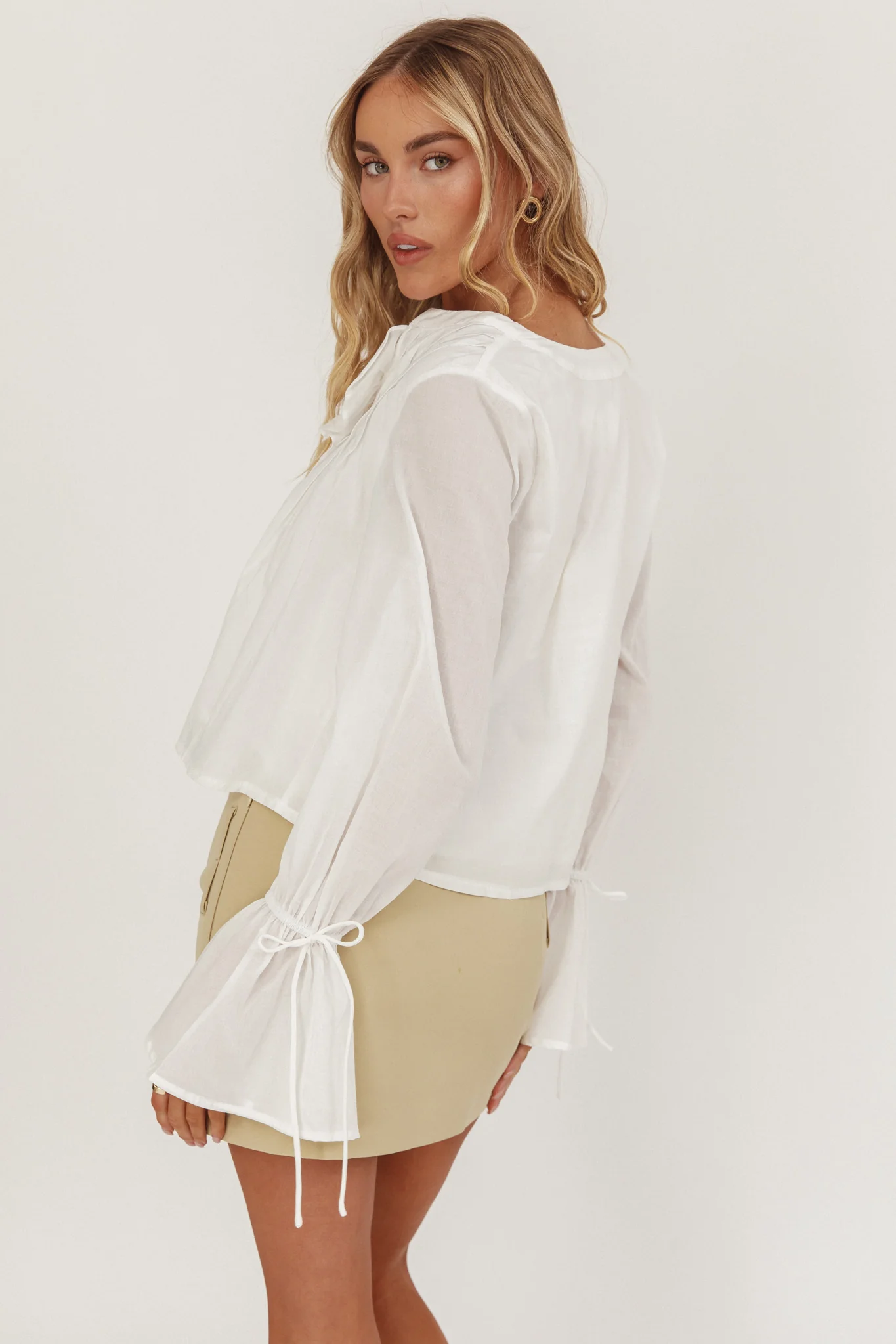 La Demure Tie Front Frill Blouse White - Image 2