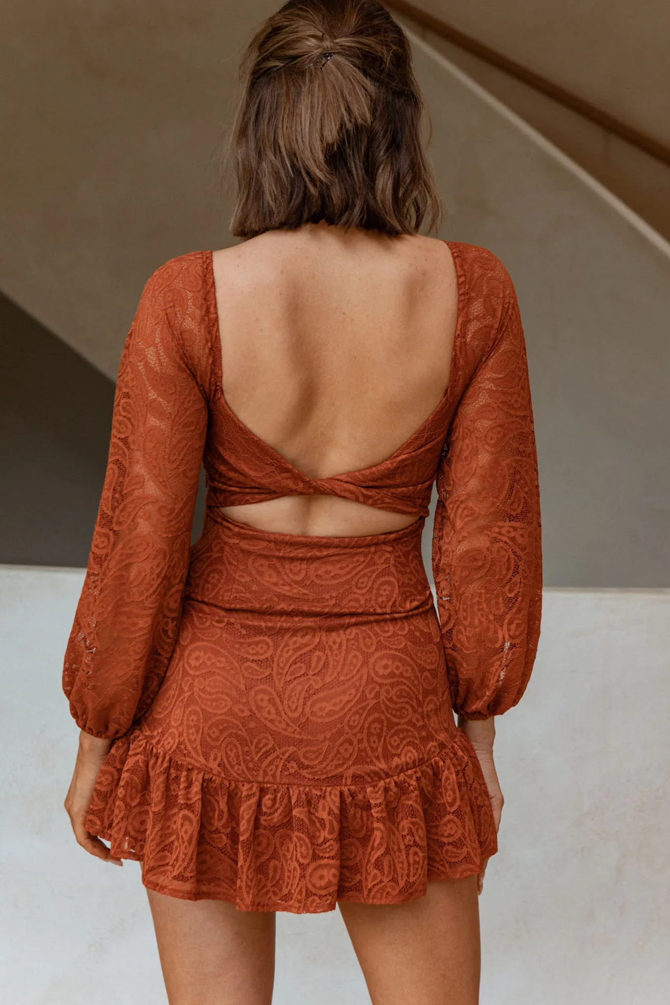 La La Land Twisted Bust & Back Paisley Lace Mini Dress Rust - Image 2