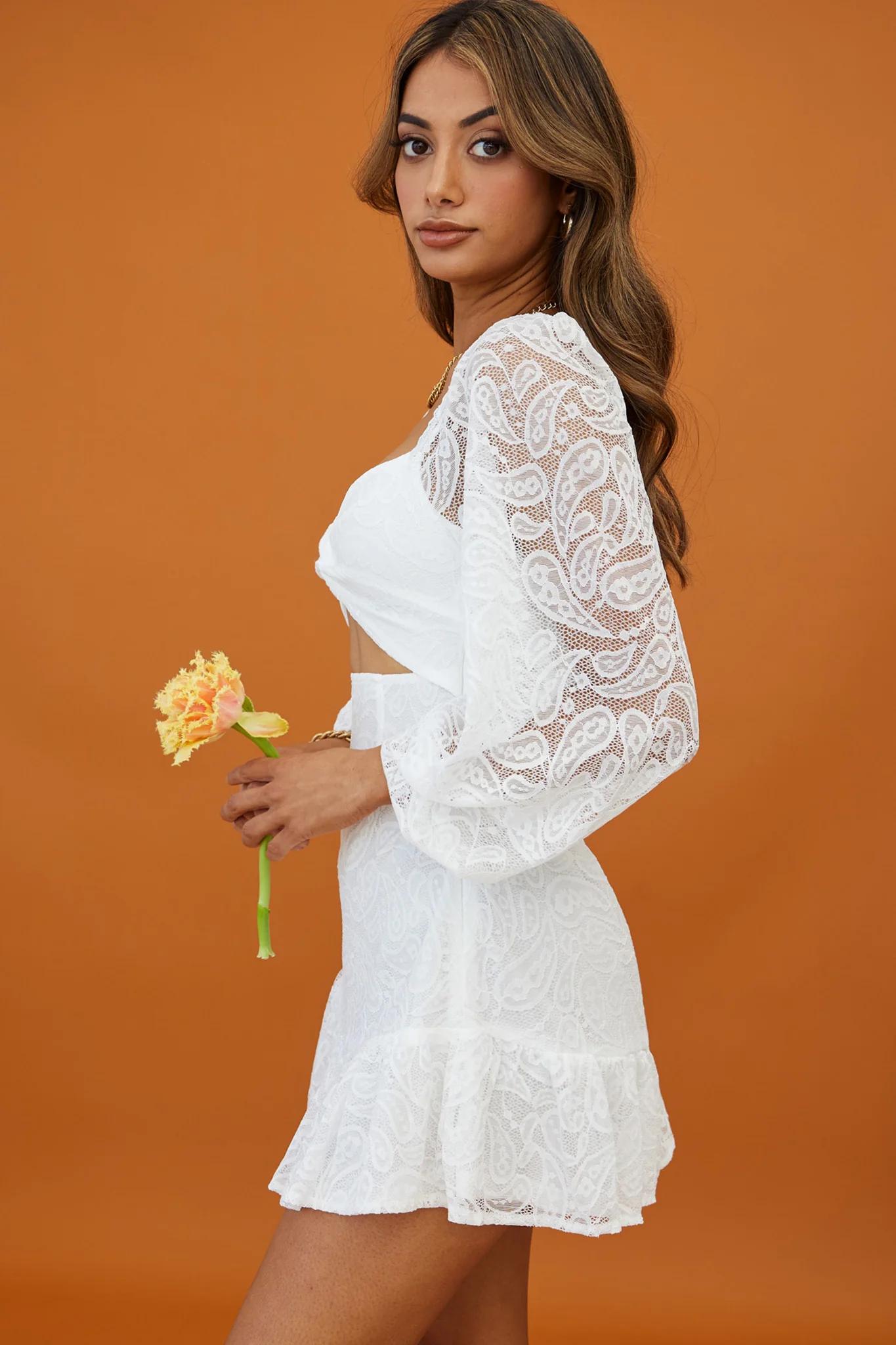 La La Land Twisted Bust & Back Paisley Lace Mini Dress White - Image 3
