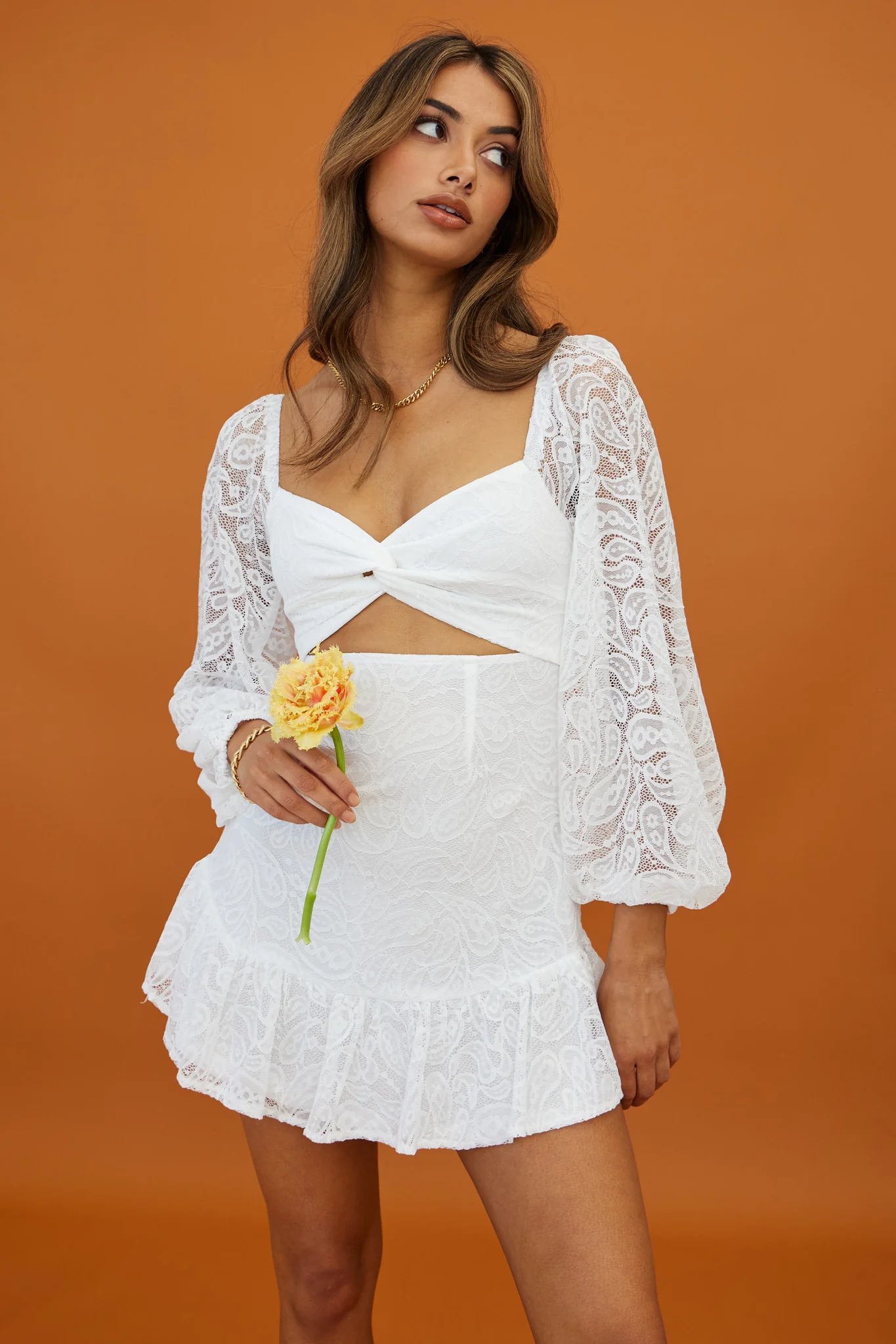 La La Land Twisted Bust & Back Paisley Lace Mini Dress White - Image 5