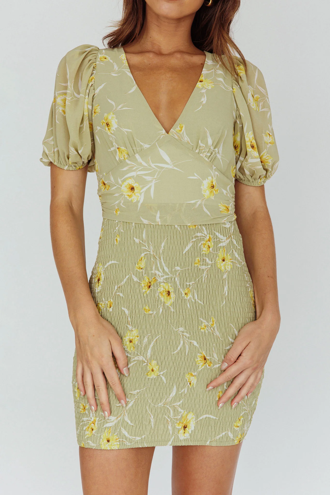 La Nena Shirred Mini Dress Floral Green - Image 4