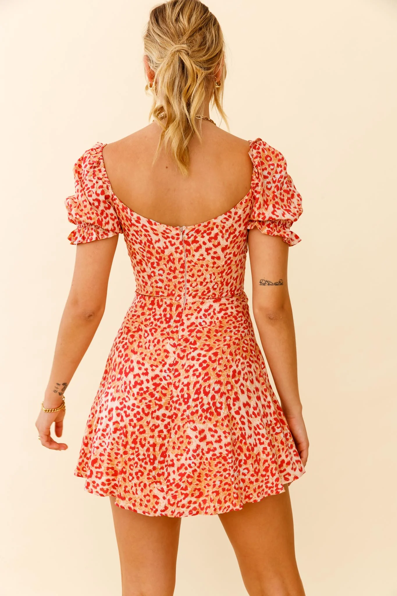 La Quinta Lace-Up Bust Drawstring Detail A-Line Dress Leopard Print Orange - Image 2