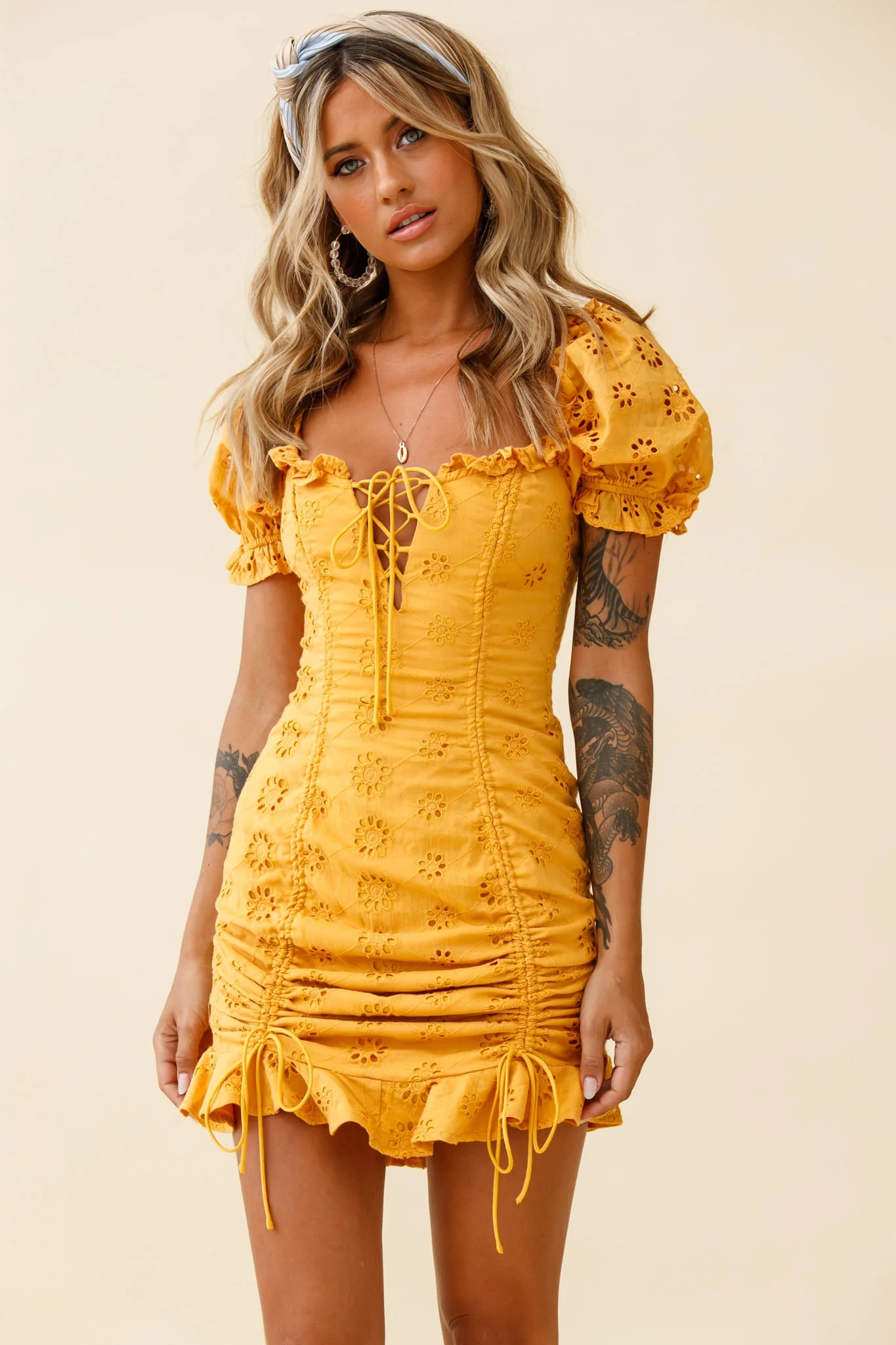 La Quinta Lace-Up Bust Drawstring Detail Anglaise Dress Yellow - Image 6