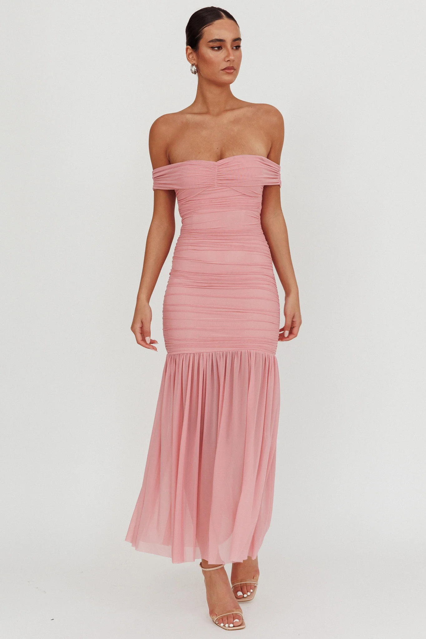 La Salle Off Shoulder Mesh Maxi Dress Pink - Image 5