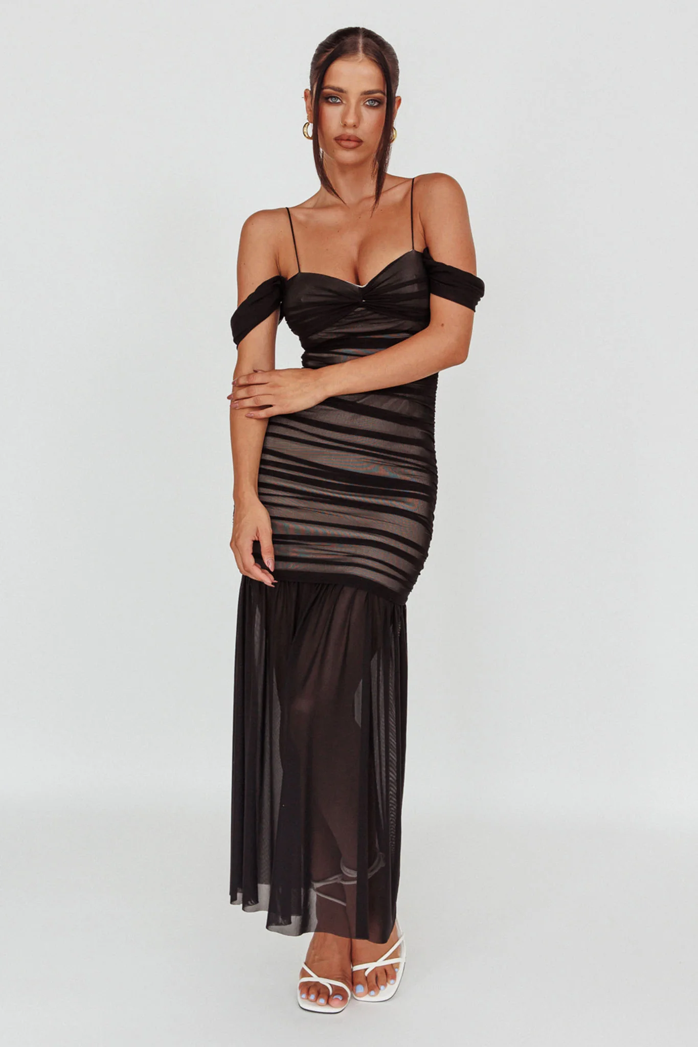 La Salle Ruched Mesh Maxi Dress Black - Image 3