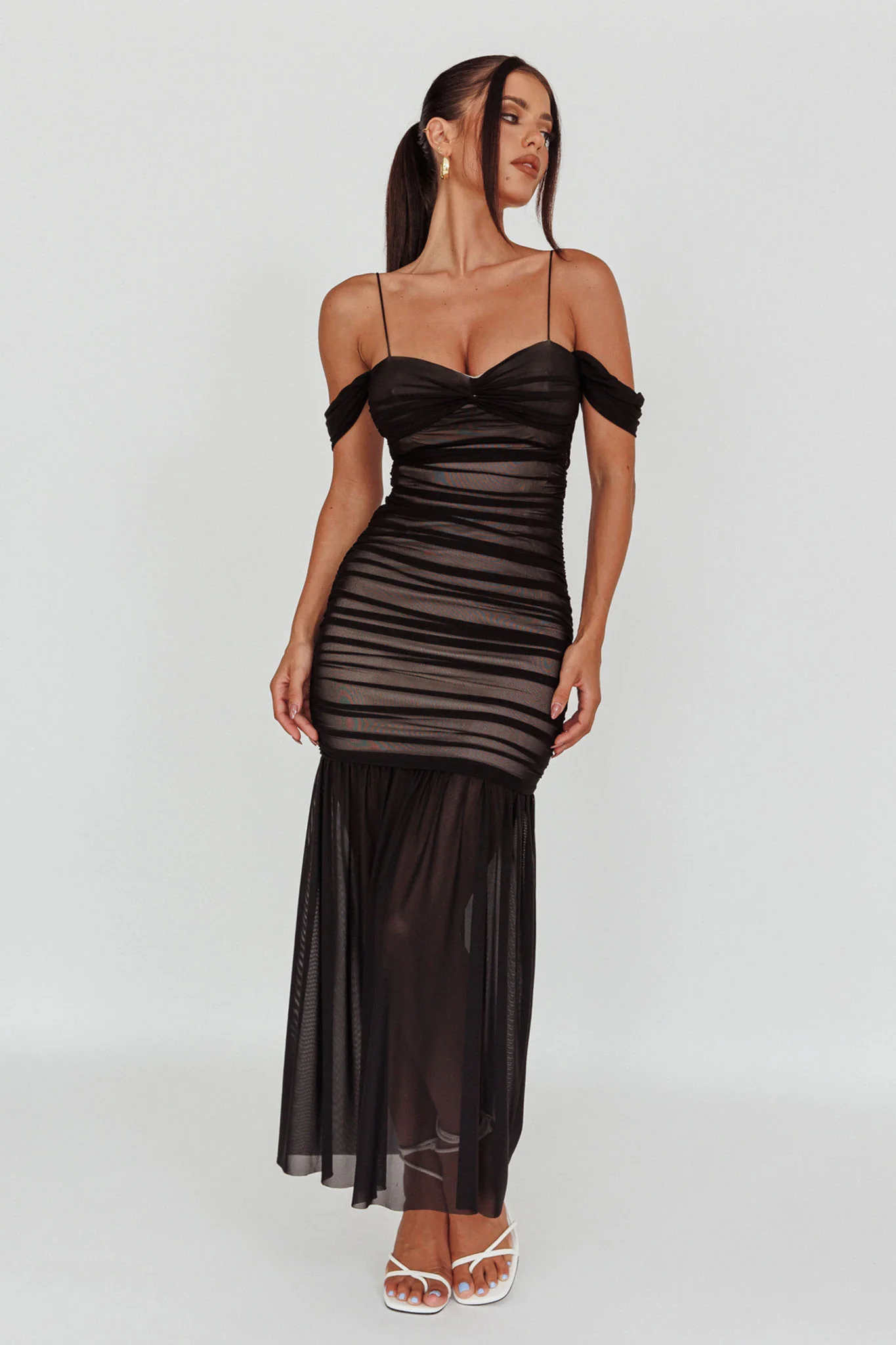 La Salle Ruched Mesh Maxi Dress Black - Image 4