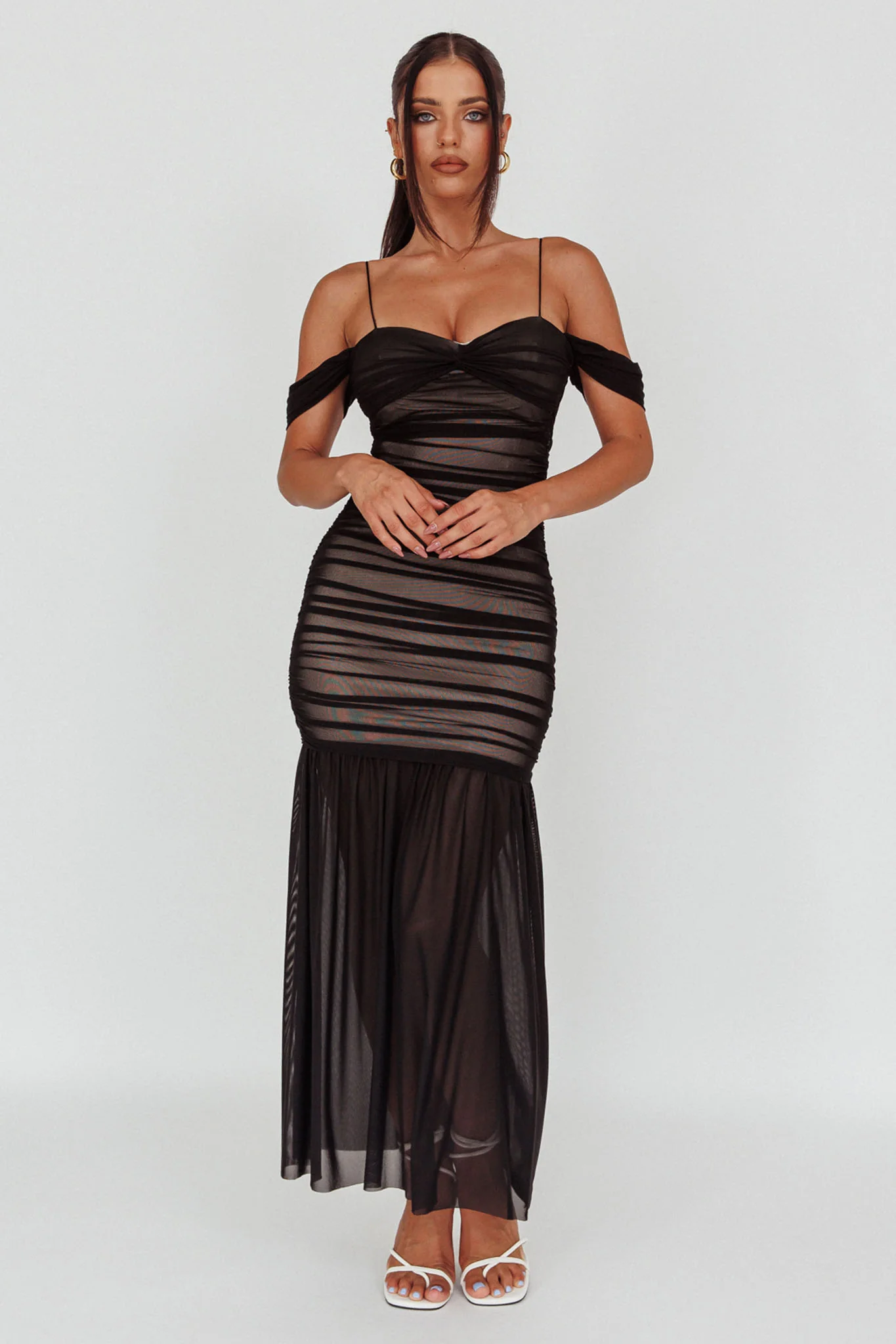 La Salle Ruched Mesh Maxi Dress Black - Image 7
