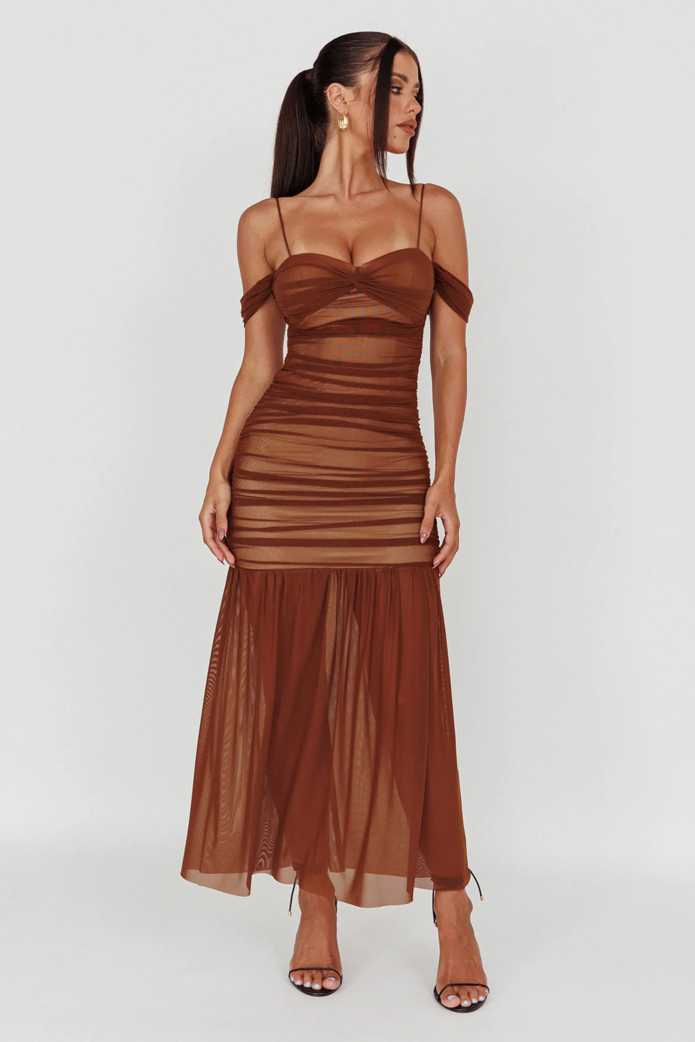 La Salle Ruched Mesh Maxi Dress Chocolate - Image 3