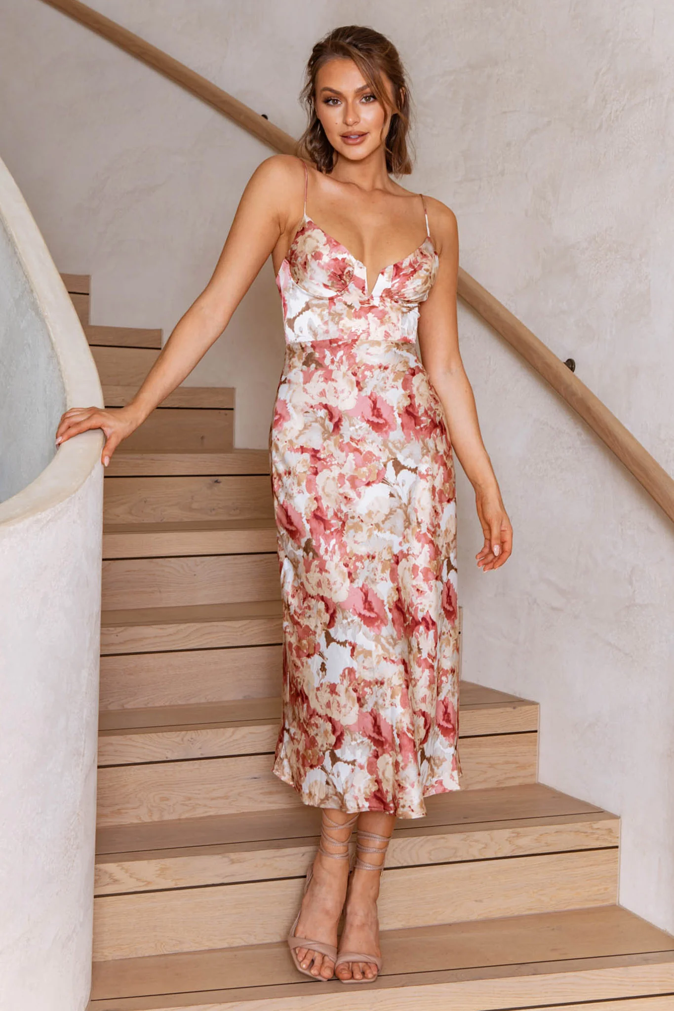 Lake Como Fitted Bodice Cami Strap Midi Dress Abstract Print Rose - Image 5