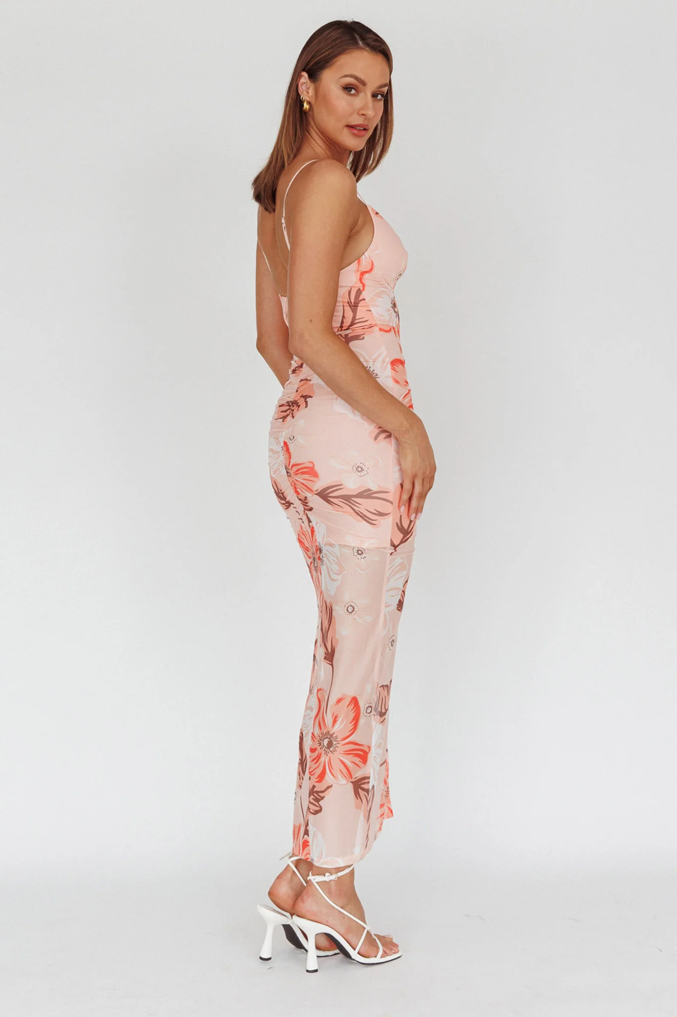 Lake Como Fitted Bodice Side Split Dress Floral Pink - Image 2