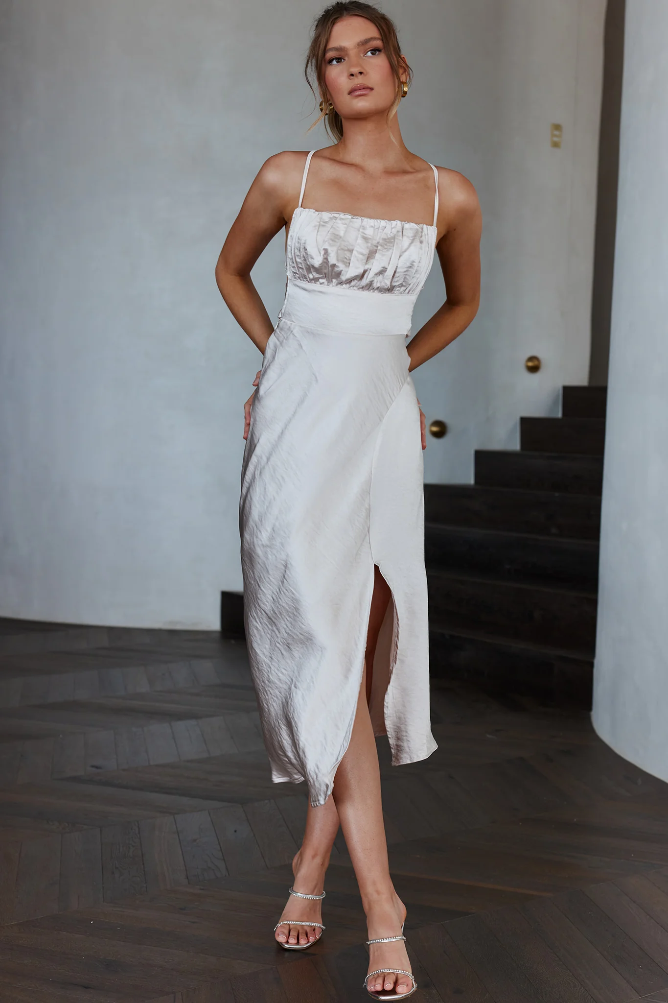 Lakoda Gathered Bust Bow Tie Back Midi Dress Champagne - Image 6