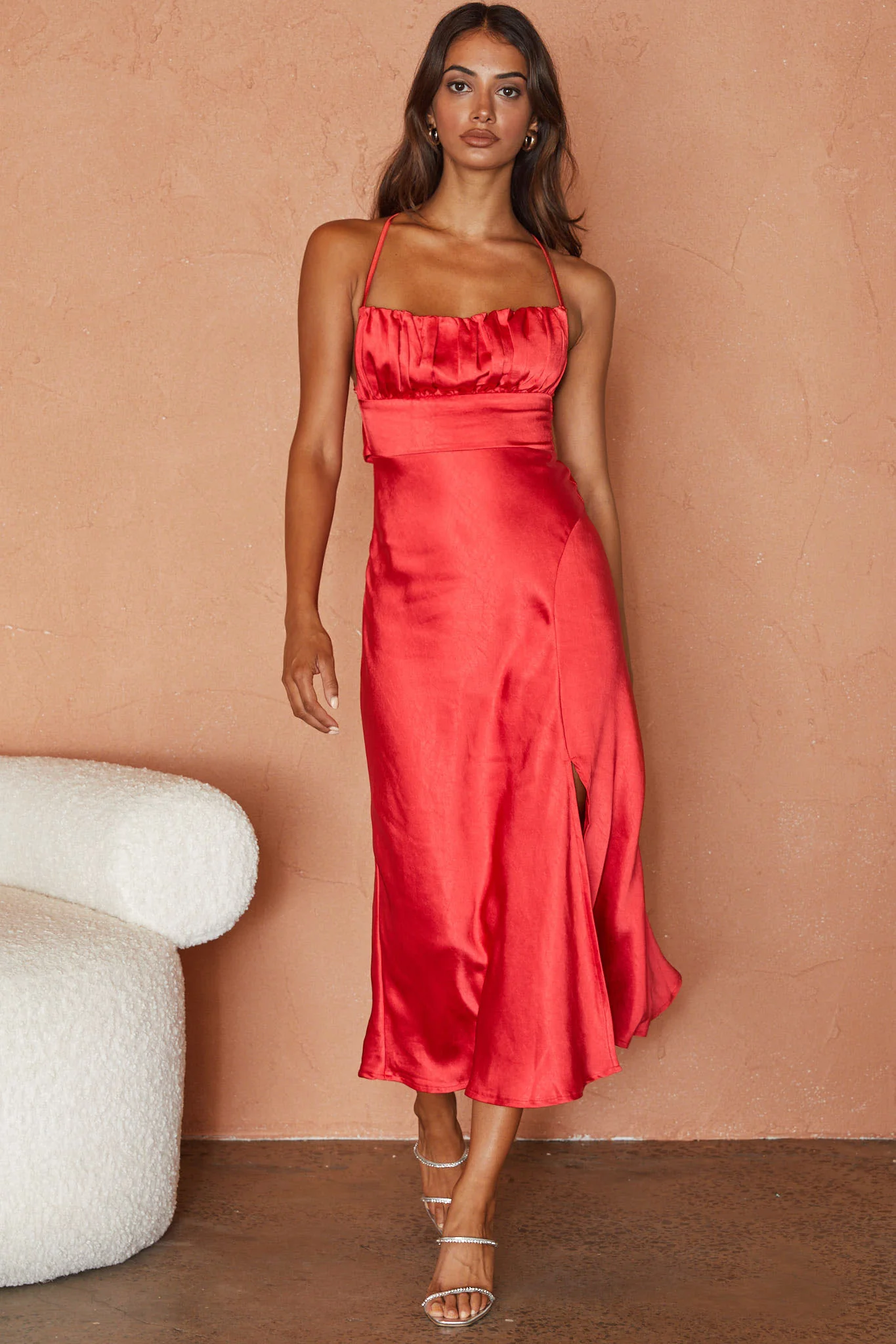 Lakoda Gathered Bust Bow Tie Back Midi Dress Red - Image 6