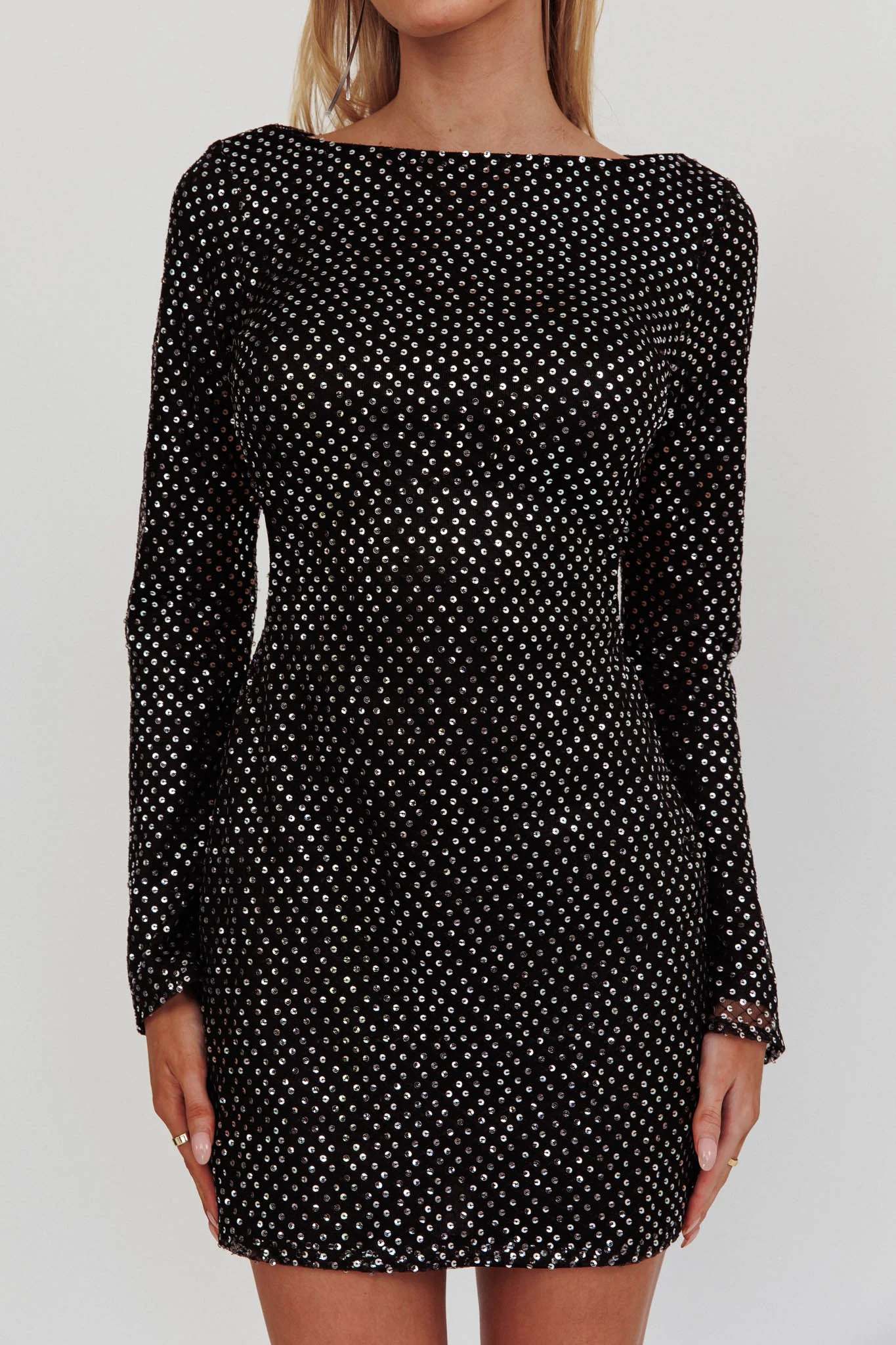 Lakshmi Long Sleeve Open Back Mini Dress Spangle Black - Image 3