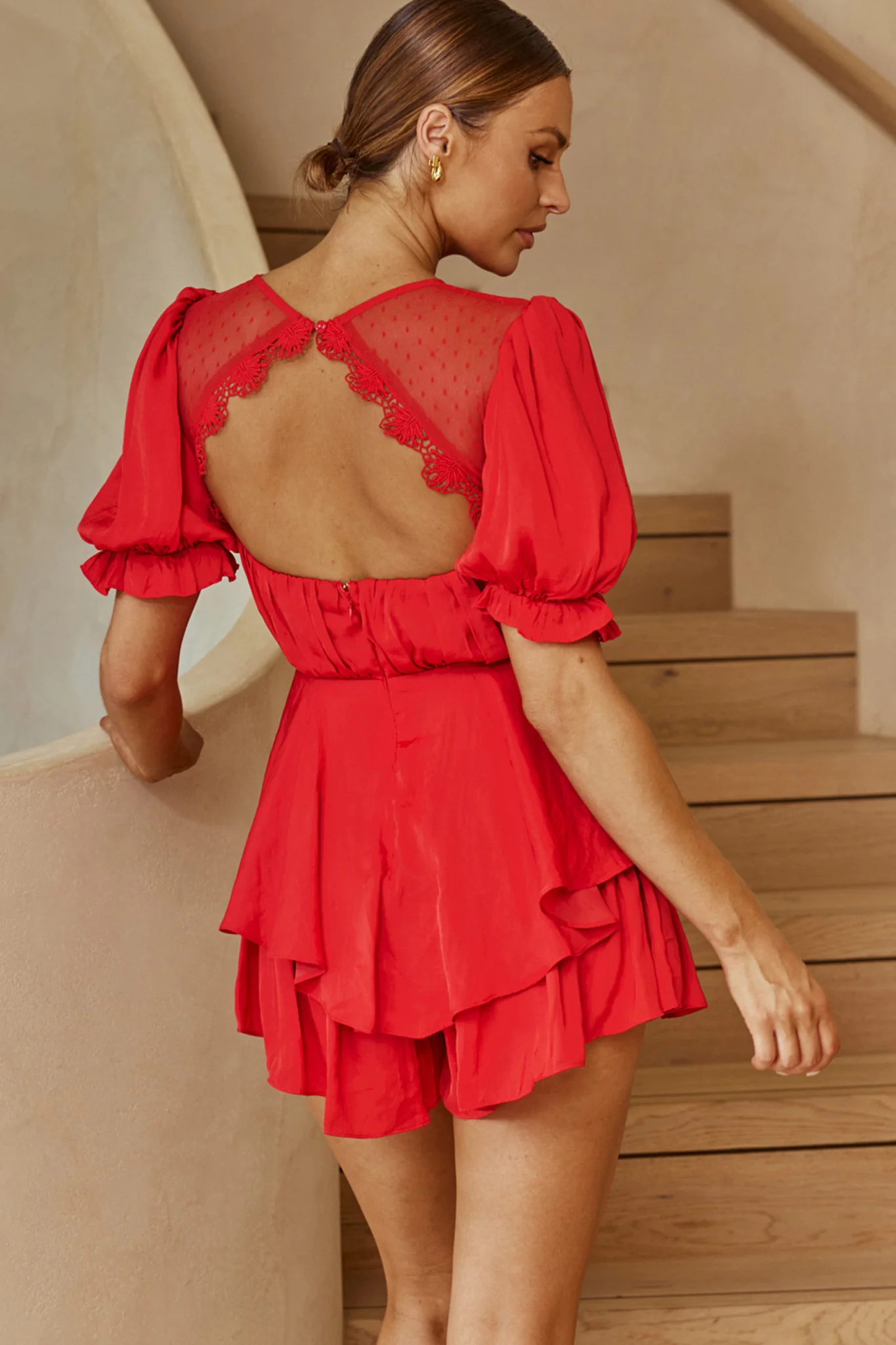 L'amour Lace Mesh Bust Puff Sleeve Romper Red - Image 2