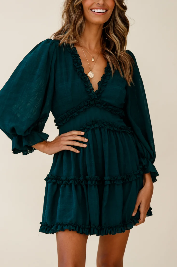 Laney Cutout Back Balloon Sleeve Dress Forest Green - Image 5