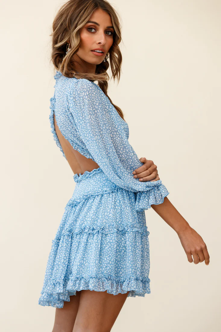 Laney Cutout Back Balloon Sleeve Dress Speckle Print Blue - Image 2