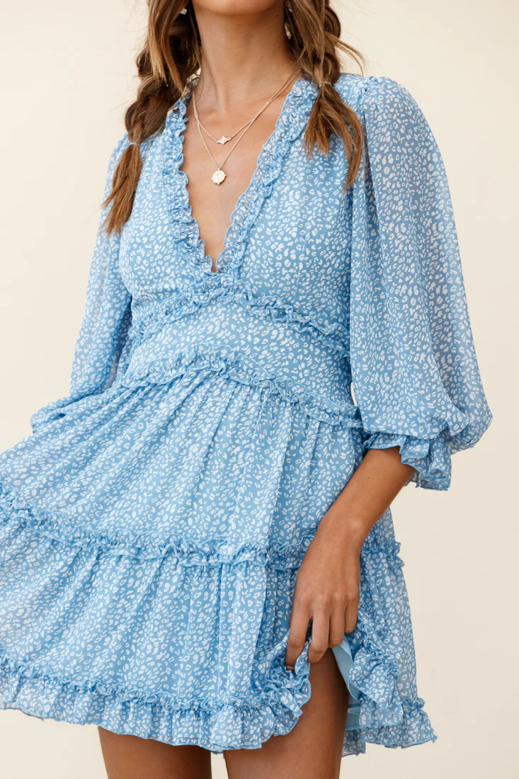 Laney Cutout Back Balloon Sleeve Dress Speckle Print Blue - Image 5