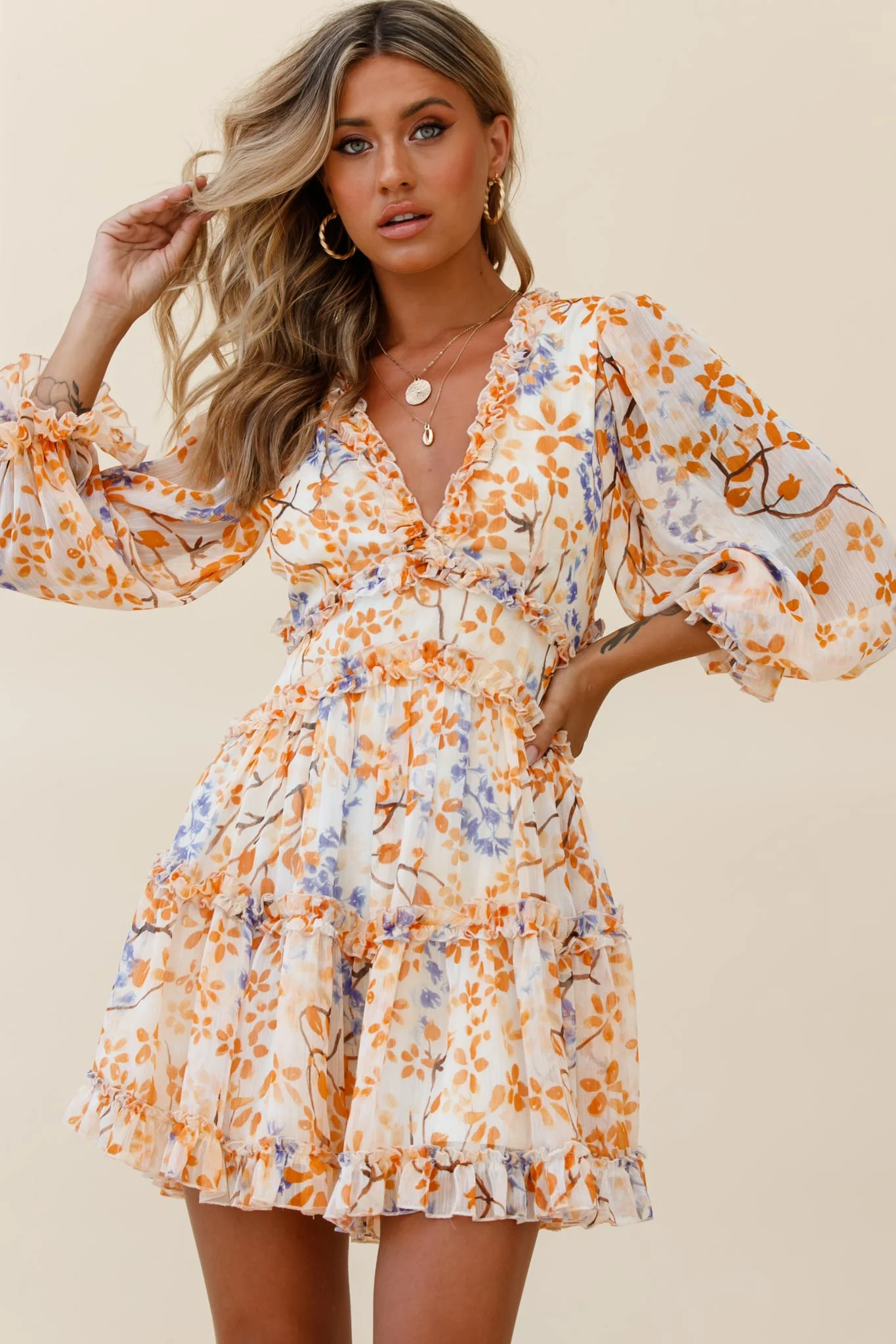 Laney Cutout Back Frill Trim Dress Floral Pattern Orange - Image 5