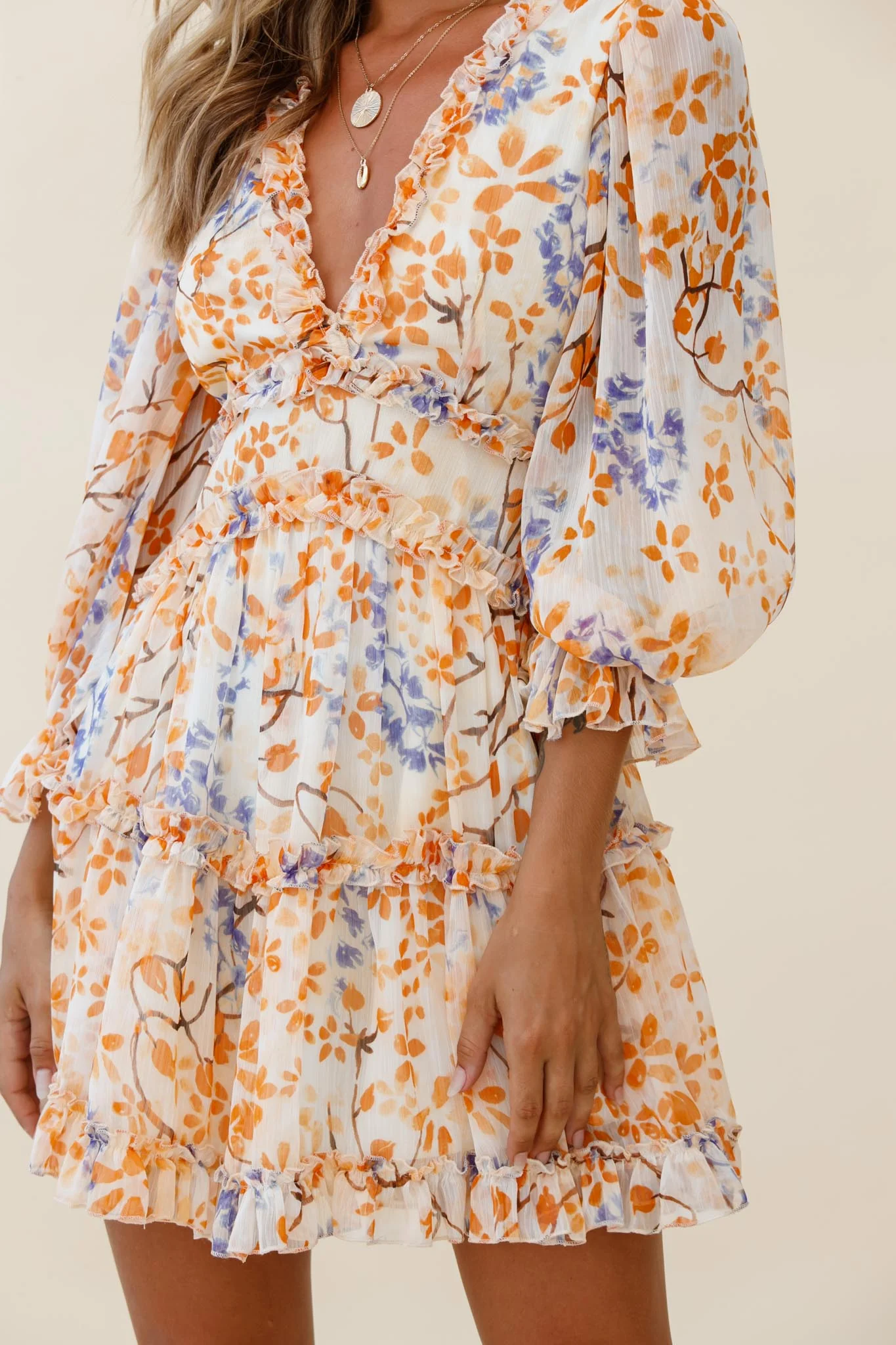 Laney Cutout Back Frill Trim Dress Floral Pattern Orange - Image 6