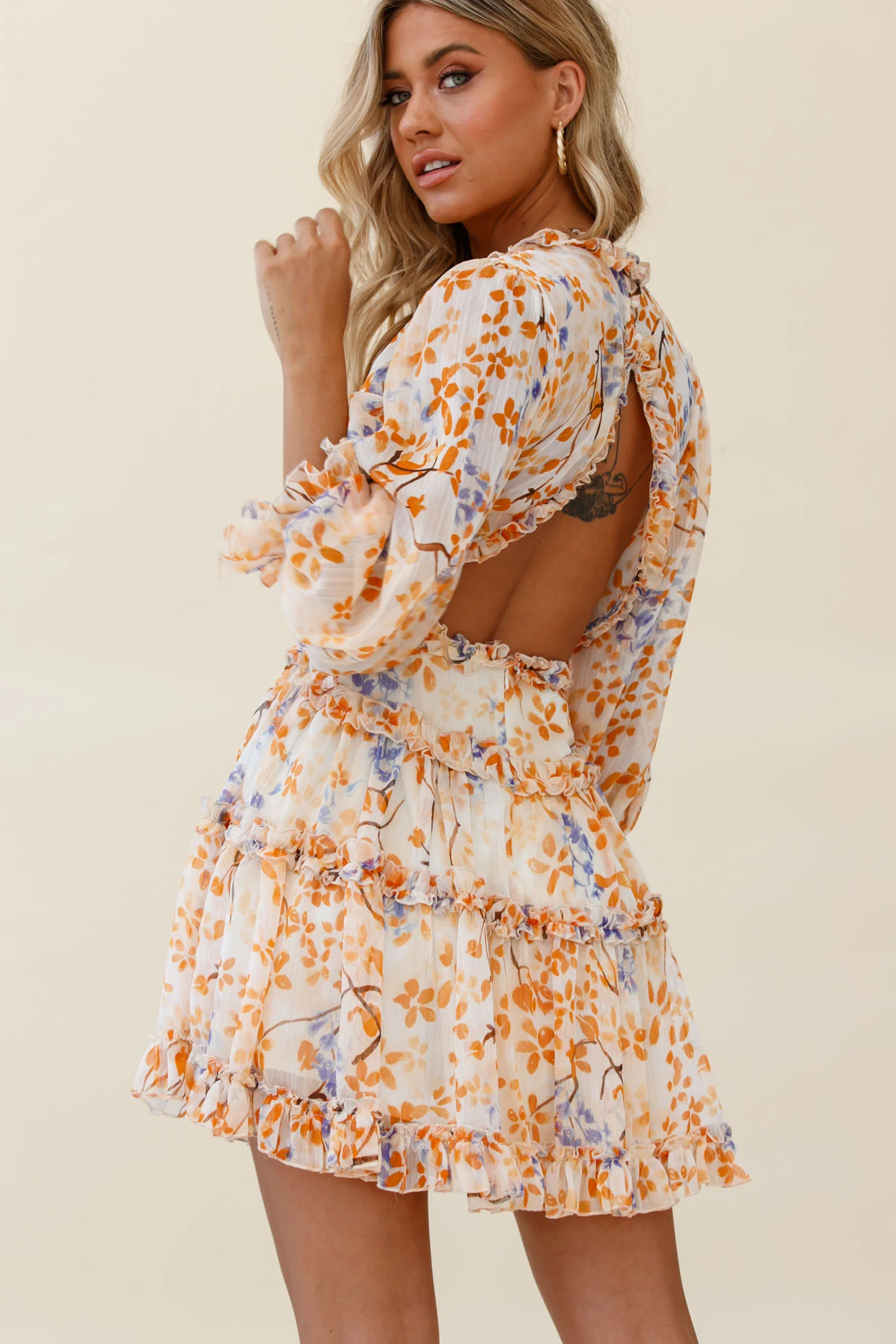 Laney Cutout Back Frill Trim Dress Floral Pattern Orange - Image 7