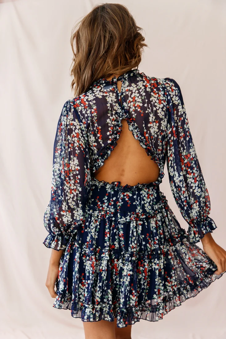 Laney Cutout Back Ruffle Detail Floral Dress Navy - Image 11