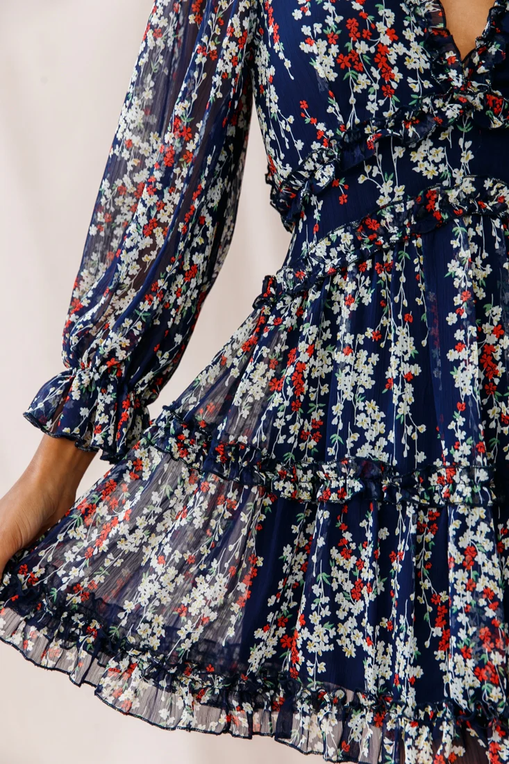 Laney Cutout Back Ruffle Detail Floral Dress Navy - Image 12